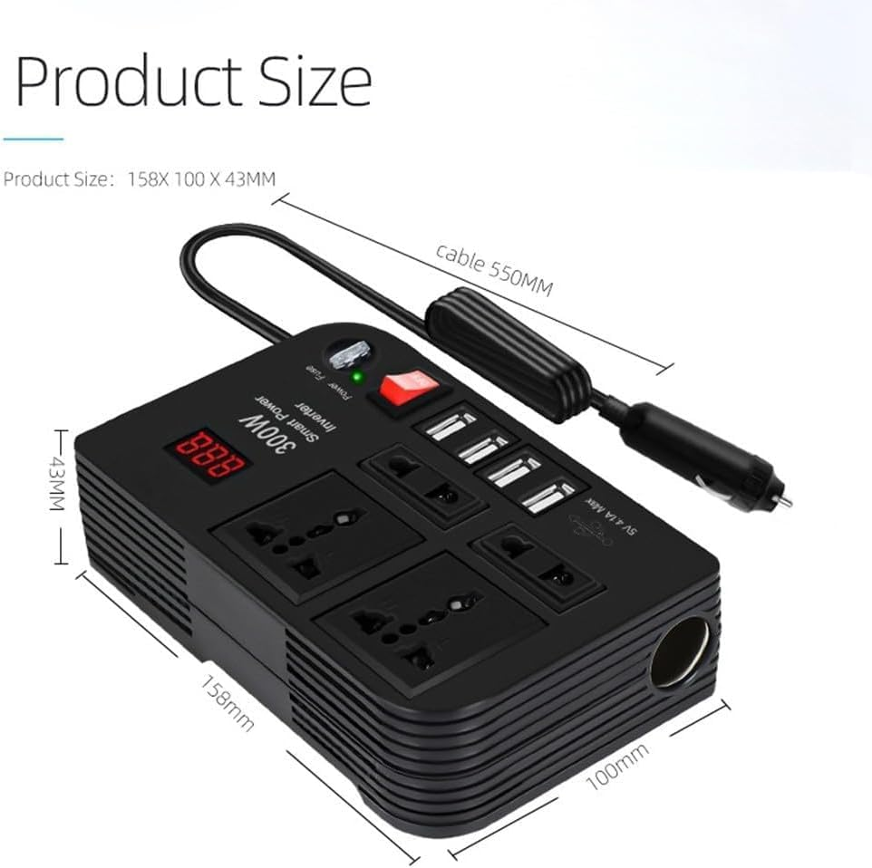 Car Power Inverter,Pure Sine Wave Inverter,300W Car Inverter DC 12V to AC 220V Converter Outlets 4 USB Fast Charging Socket,Suitable for Car,Black image number 4