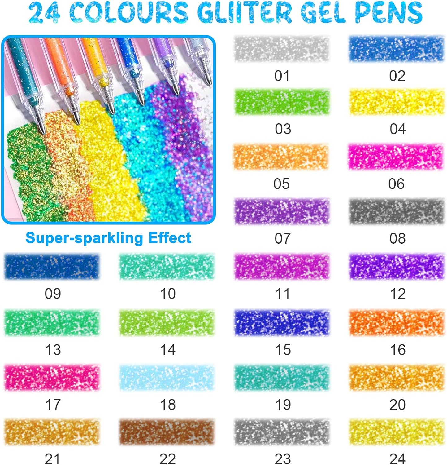 SAYEEC Glitter Gel Pens, 24 Colored Metallic Gel Pens Set, 1.0Mm Super Sparkle Gel Ink Pens, Art Glitter Paint Markers for Adult Coloring Books Scrapbook Journaling Drawing Doodling Note Taking Crafts - 24 Colors image number 5
