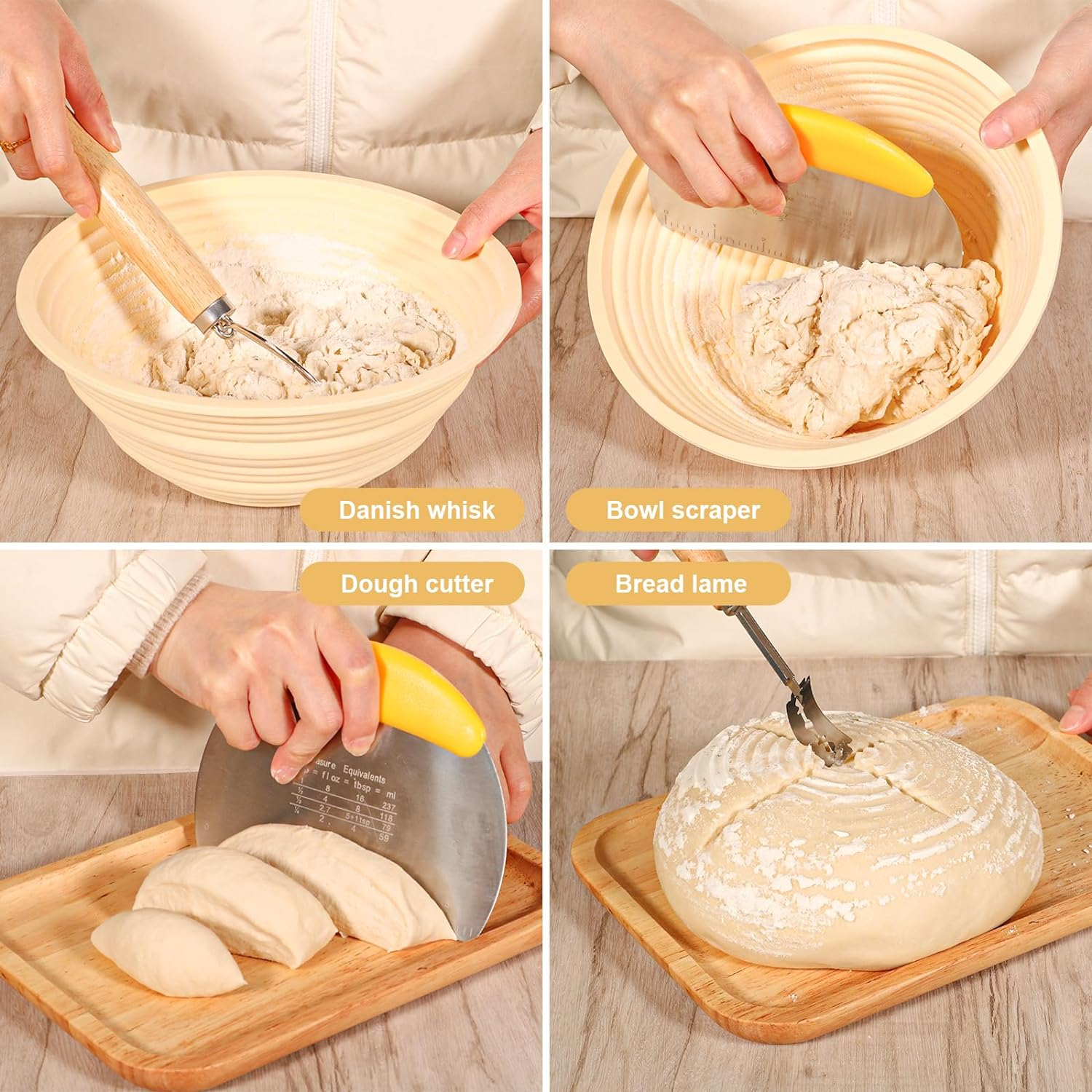 Sourdough Starter Kit Bread Baking Supplies Bread Proofing Basket 9 Inch round & 10 Inch Oval Bread Proofing Basket, 24Oz Jar (700Ml Glass, round and Oval Basket) - 1000Ml Glass And Two Round Basket image number 4