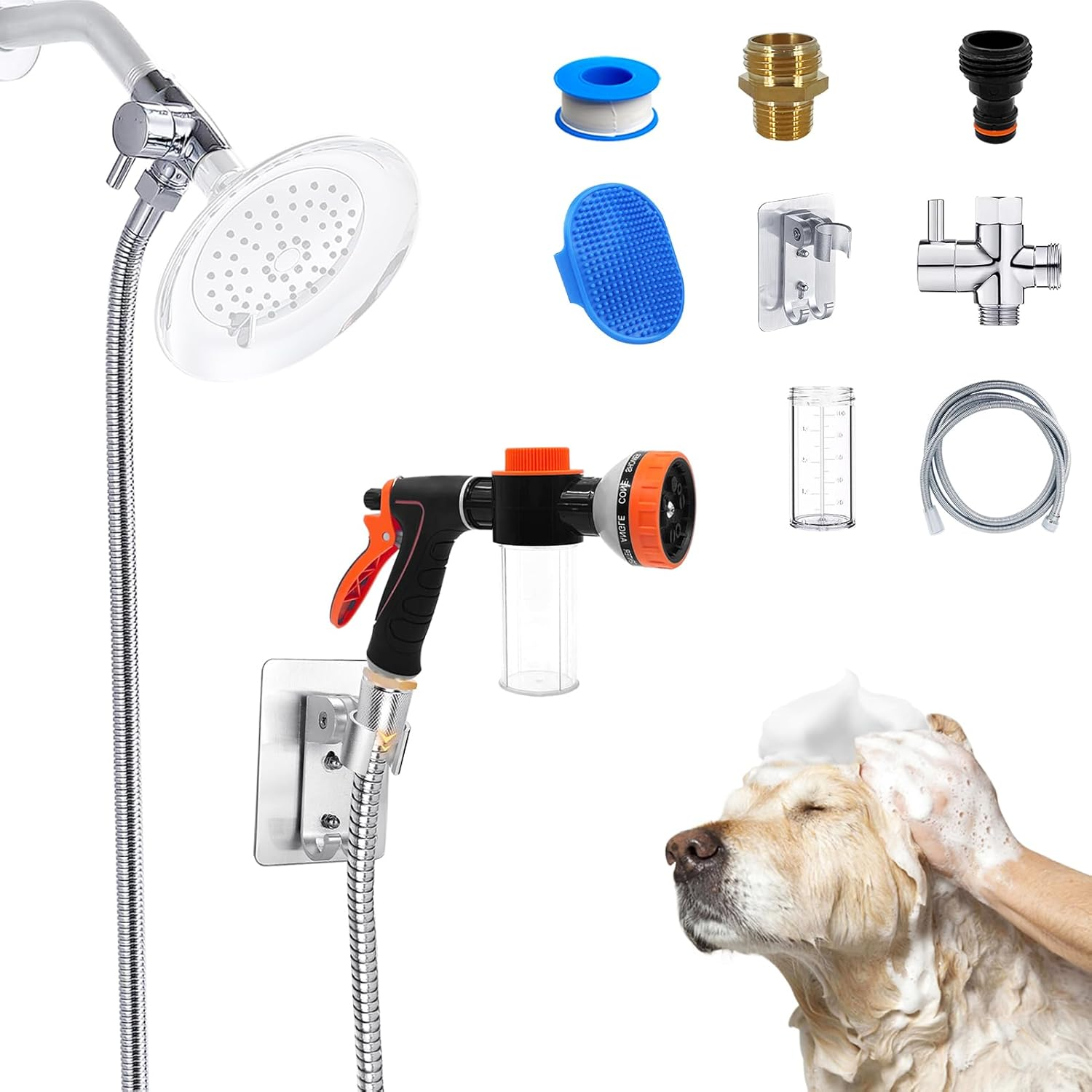 Dog Shower Attachment Sprayer Nozzle with 3/4" GHT Male X 1/2" NPT Male Connector for Garden Hose Wash with Soap Dispenser Hose Shampoo Nozzle for Indoor Outdoor Pet Pup