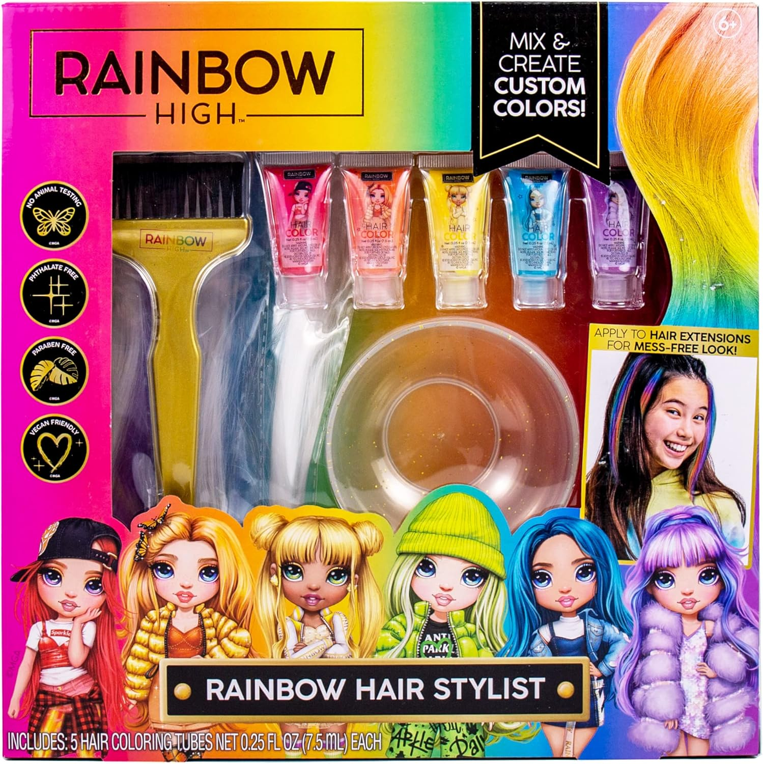 Rainbow High Rainbow Hair Stylist by Horizon Group USA, Includes 5 Vibrant Hair Coloring Gels, 3 Clip-In Extensions for Less-Mess, Mixing Bowl & Brush, Temporary Hair Coloring for Kids, Multi image number 6