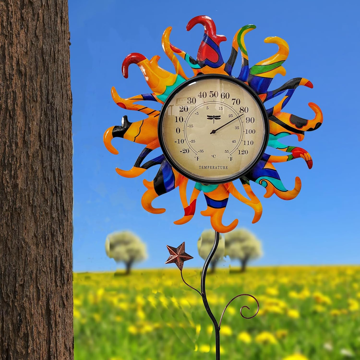 Metal Sun Thermometer Indoor Outdoor Ornament Wall Art Decor, Sun Plaque Sculpture Hanging Mounted for Living Room Bedroom Kitchen Patio for Home or Garden, No Battery Required (ORANGE SUN STAKE)