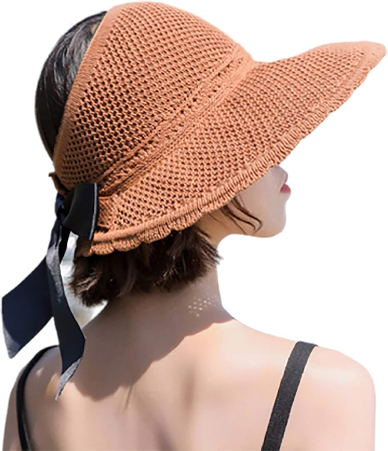 Sun Hats for Women with Ponytail Hole UV Protection Wide Brim Beach Cap Lightweight Foldable/Packable Straw Hats Bucket Cap with Decorative Bow