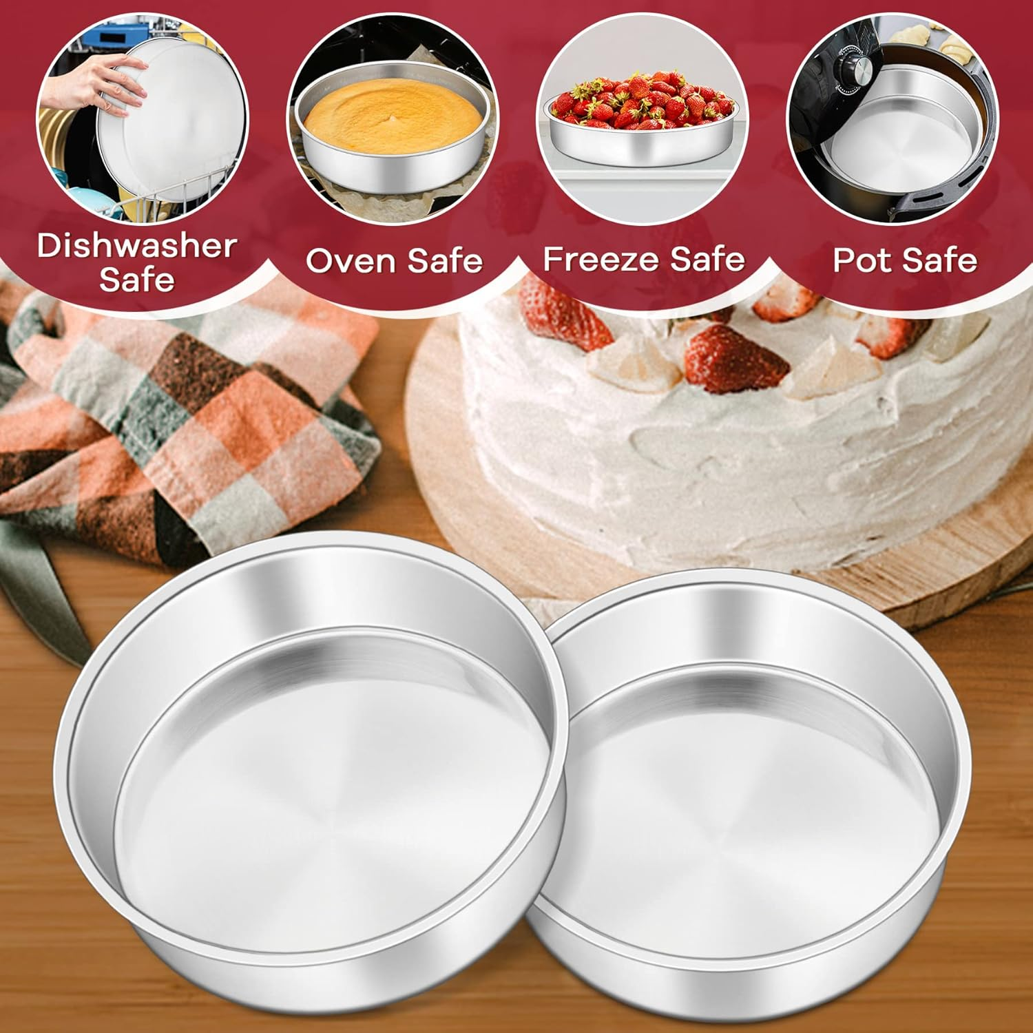 Haware 8 Inch Cake Tin, Stainless Steel round Baking Pan Set of 2, Birthday Wedding Layer Cake Tin for Baking Roasting Serving, Healthy & Non-Toxic, Mirror Polished & Dishwasher Safe (20Cm) image number 6
