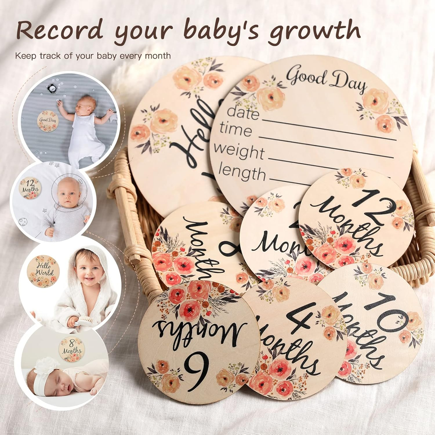 Promise Babe Milestone Numbers Props, Baby Wooden Milestone Cards Weekly Monthly Growth Milestone Signs Baby Announcement Props 8Pcs image number 3