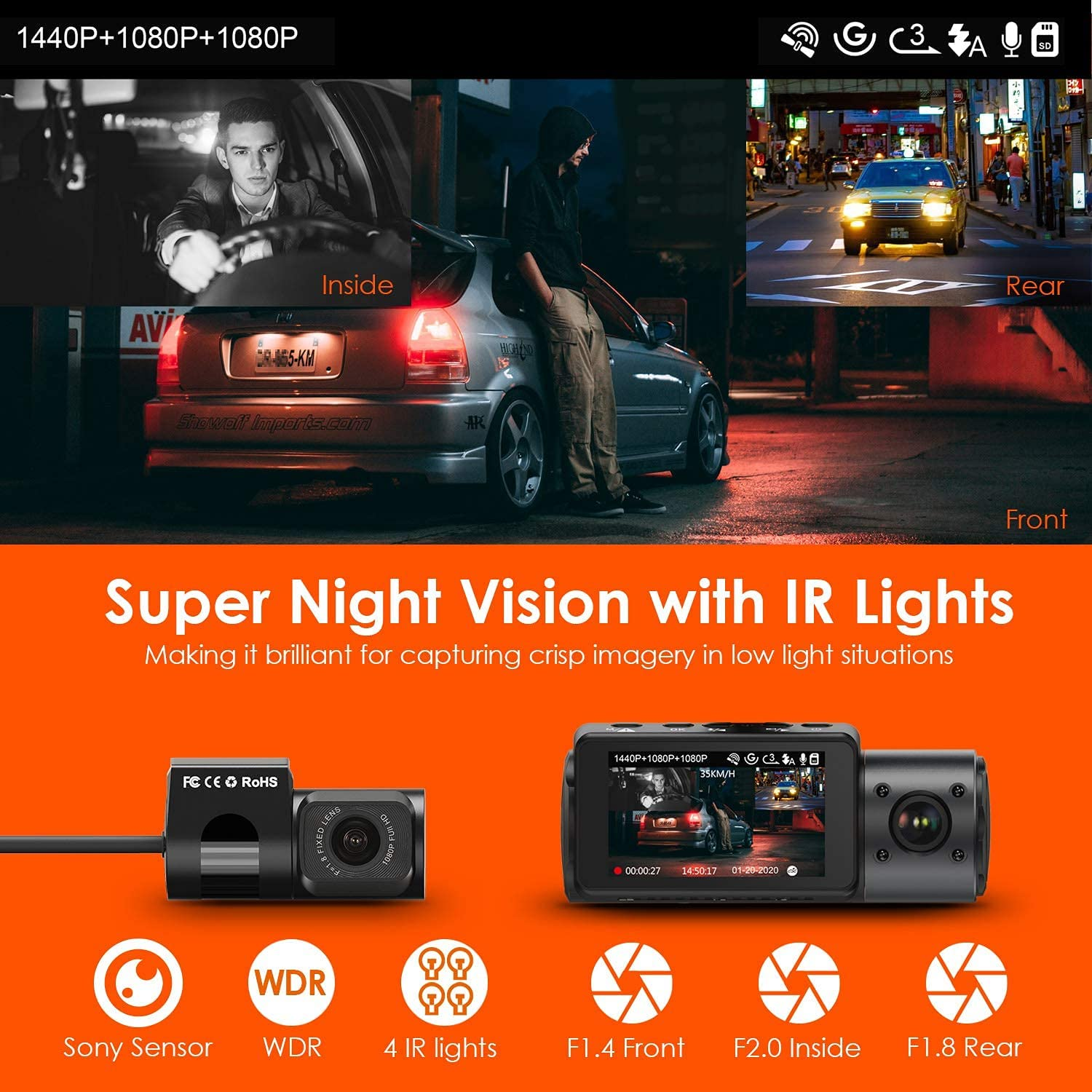 Vantrue N4 4K 3 Channel Dash Cam Front and Rear Inside, Three Way Triple Dashcam for Cars, 1440P+1440P+1080P with STARVIS IR Night Vision, 24H Parking Mode, Newly Upgraded Model Is the N4 PRO S/N4S. image number 1
