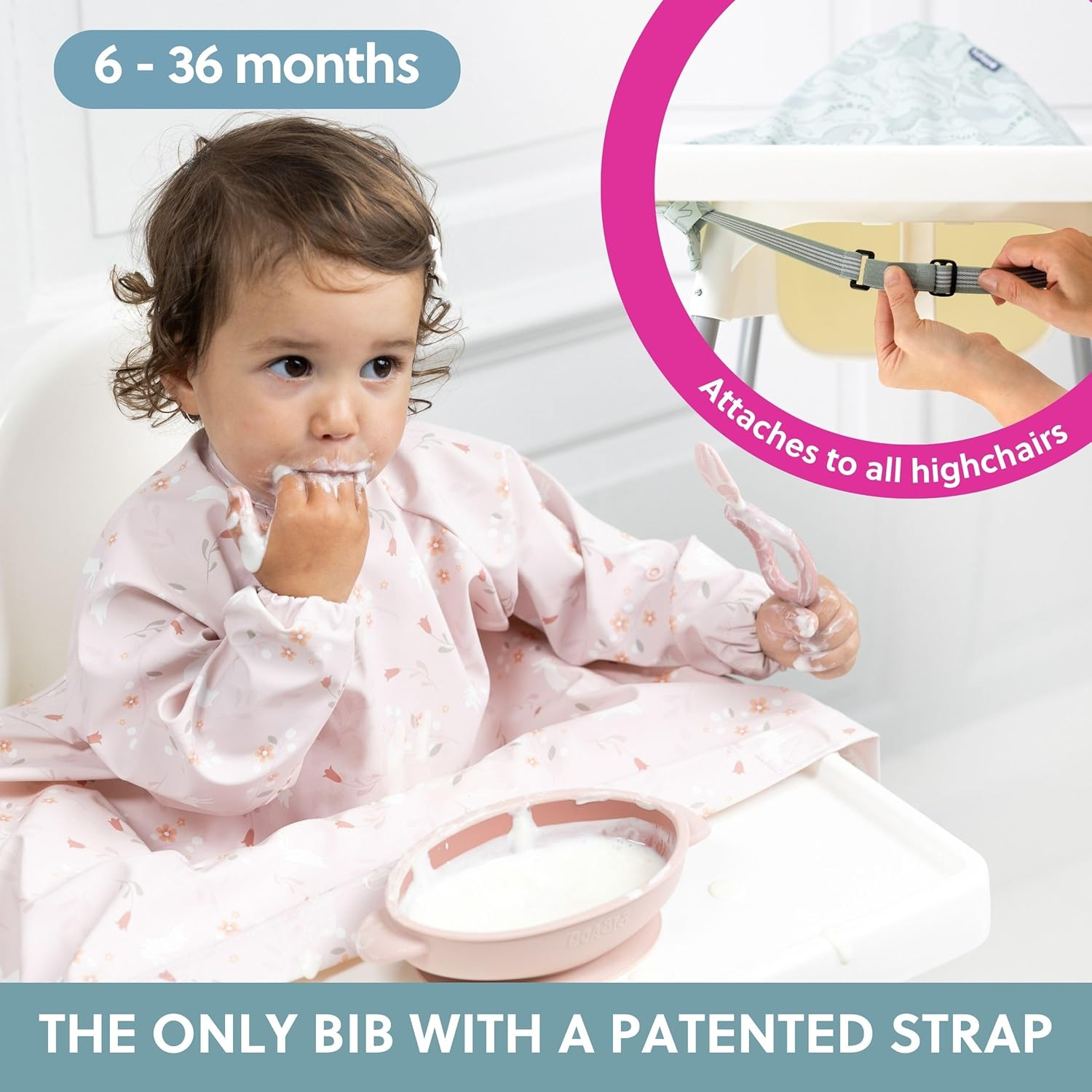 Bibado Baby Bibs with Sleeves - Toddler and Baby Led Weaning Bib - 6-36 Months, Attaches to Highchairs, Strollers, Tables image number 6