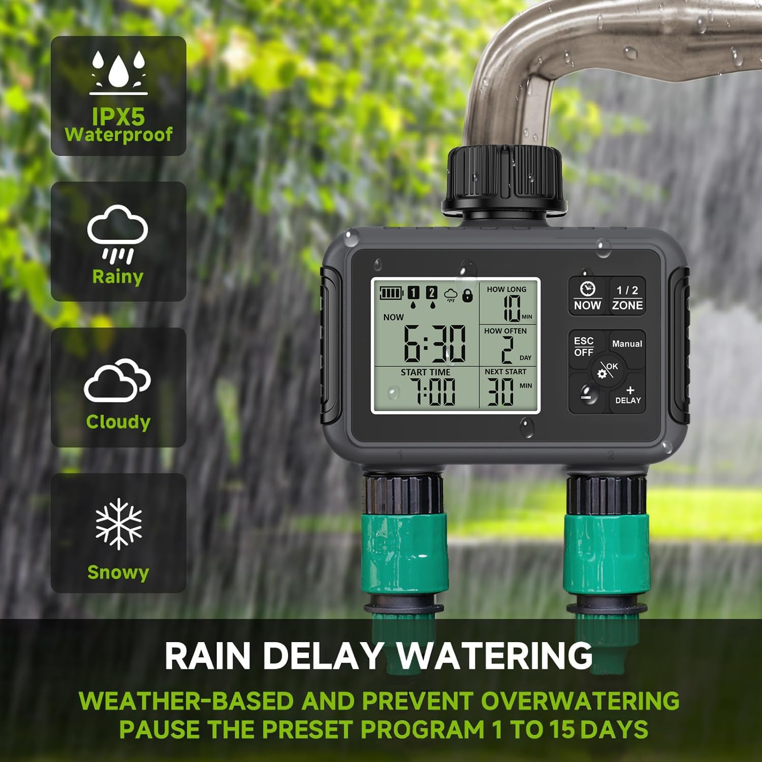 Sprinkler Water Timer 2 Outlet, Drip Irrigation System Sprinkler Controller, Rain Delay/Manual/Automatic, Hose Timer for Garden, Lawn, Yard, Pool image number 2
