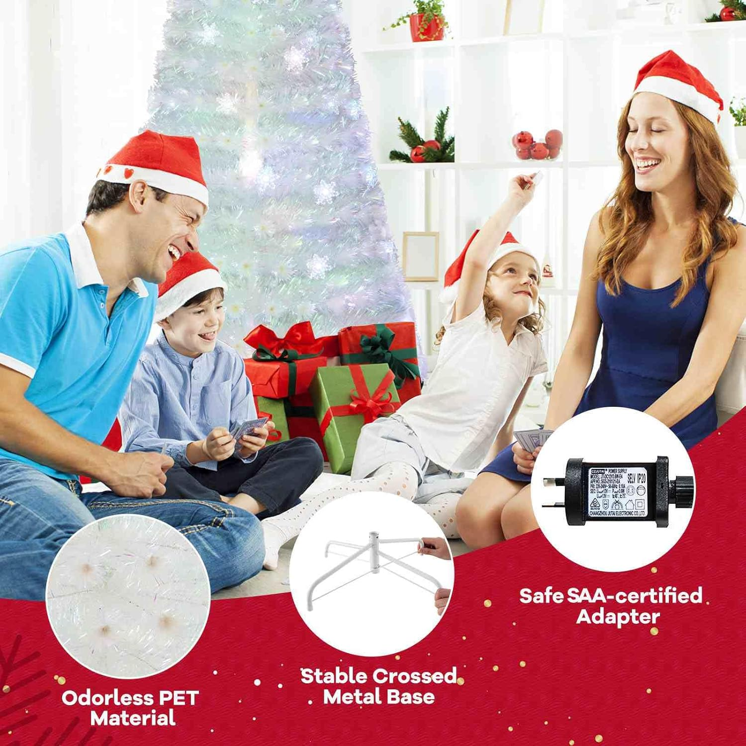 Costway 2.1M Artificial Fiber Optic Christmas Tree, White Pre-Lit Xmas Tree with 270 Branch Tips, Iridescent Leaves, Top Star Light, 48 Multi-Color Snowflake Lights for Party Home image number 2