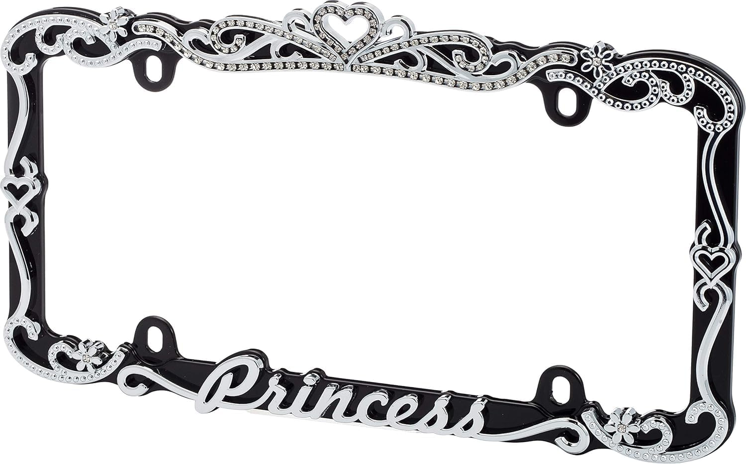 Cruiser Accessories Classic Frames Princess Heart Black Metal License Plate Frame - Bling Crystal Inlays image number 2