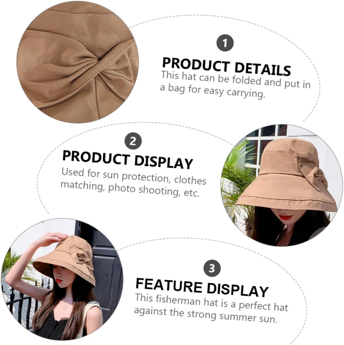 OHPHCALL 1 PC Sun Protection Hat Women'S Bucket Hats for Women Summer Beach S for Foldable Outdoor Foldable Cotton Bucket Washed Sunshade for Black - Beige image number 5