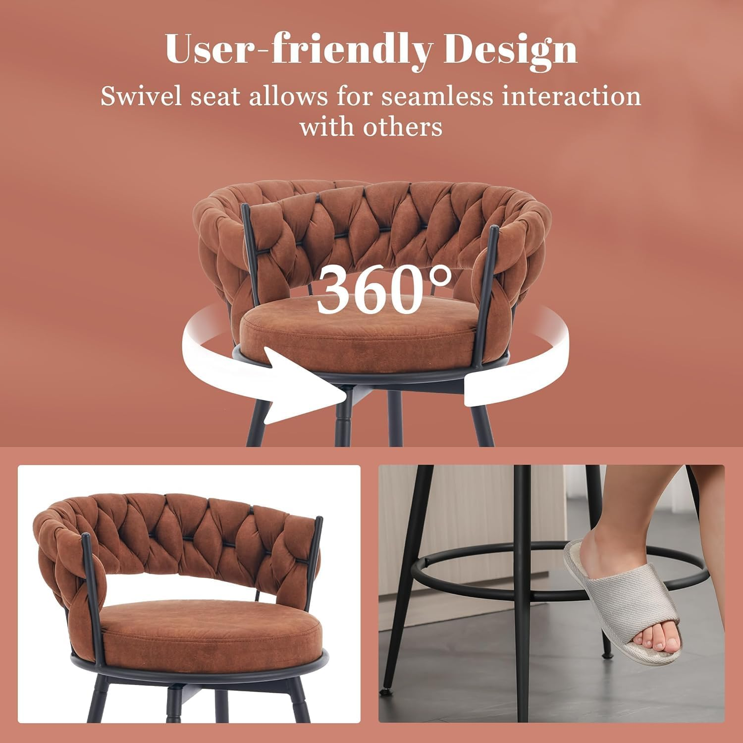 Bar Stools Set of 2, 71Cm Counter Height Swivel Stools with Woven Back & Suede Fabric Seat, 360&deg; Swivel Metal Frame Stools with Footrest for Kitchen Island, Cafe, Pub, Bar, Brown image number 6