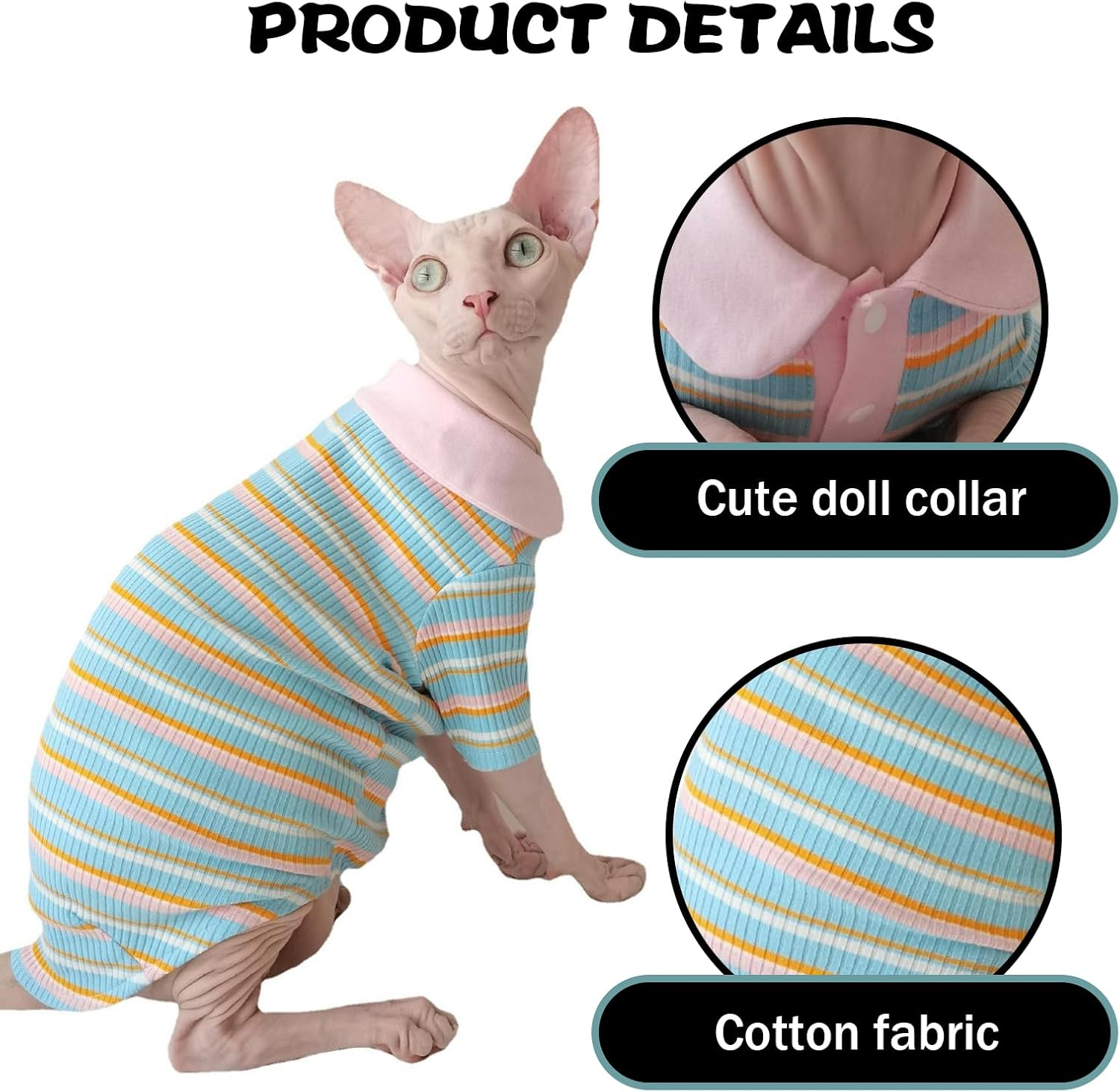 IUOUTG Summer Sphynx Cat Shirt Soft Cotton Hairless Cat Clothes Color Stripes Kitten T-Shirt Short Sleeves Pullover Cat Pajamas Cat Daily Wear Clothes for Devon Cats Apparel image number 4