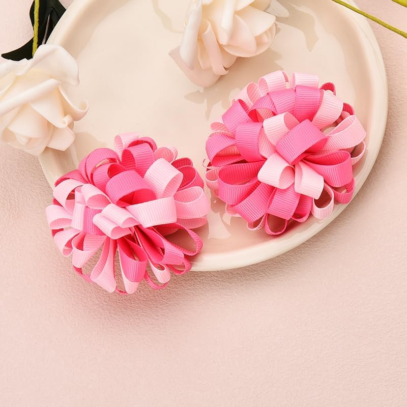 2 PCS Curly Korker Hair Bows Ties Elastic Pink Hair Ribbons Ties for Kids Girls Cute Cheerleading Hair Rubber Bands Boutique Hair Ponytail Holders for Long Hair Accessories, Pink image number 2