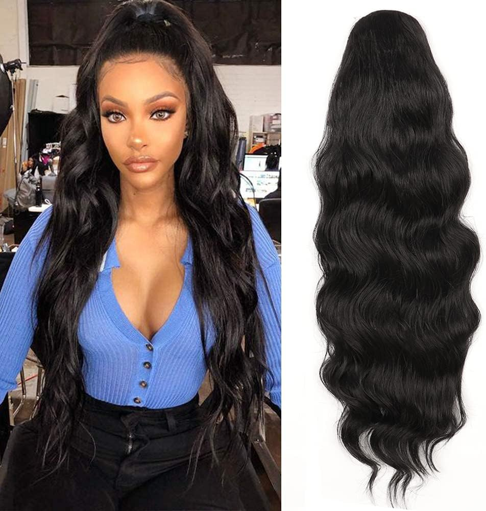 YEESHEDO Ponytail Hairpiece Clip Extensions with Drawstring Long Wavy Black Hair Extensions Natural Wig Afro Curly Ponytail for Braids (1B#) image number 3