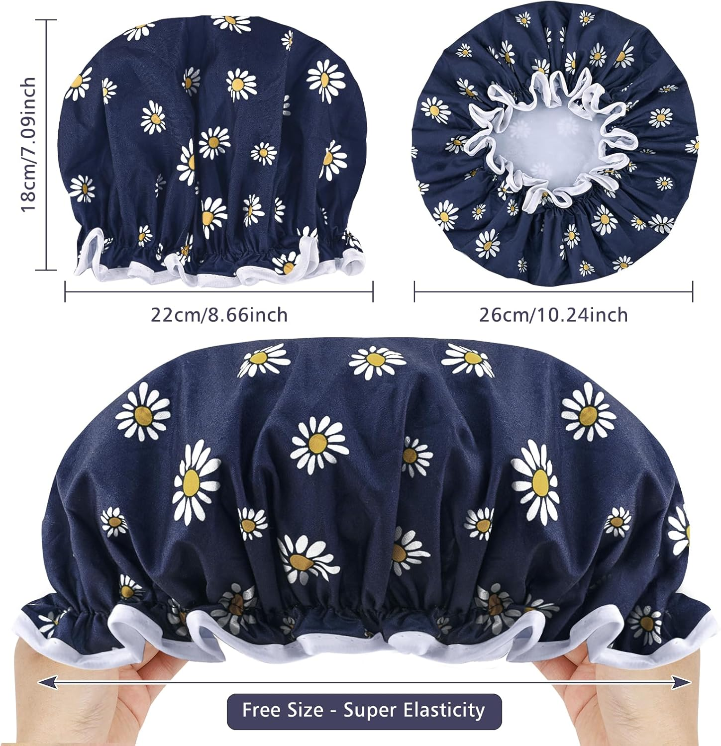 Double Layer Waterproof Shower Cap with Elastic Band, Reusable Bath Cap for Women -Large Waterproof Plastic Shower Hat for Long, Short and Curly Hairs Spa Salon (Deep Blue-Little Daisy) image number 4