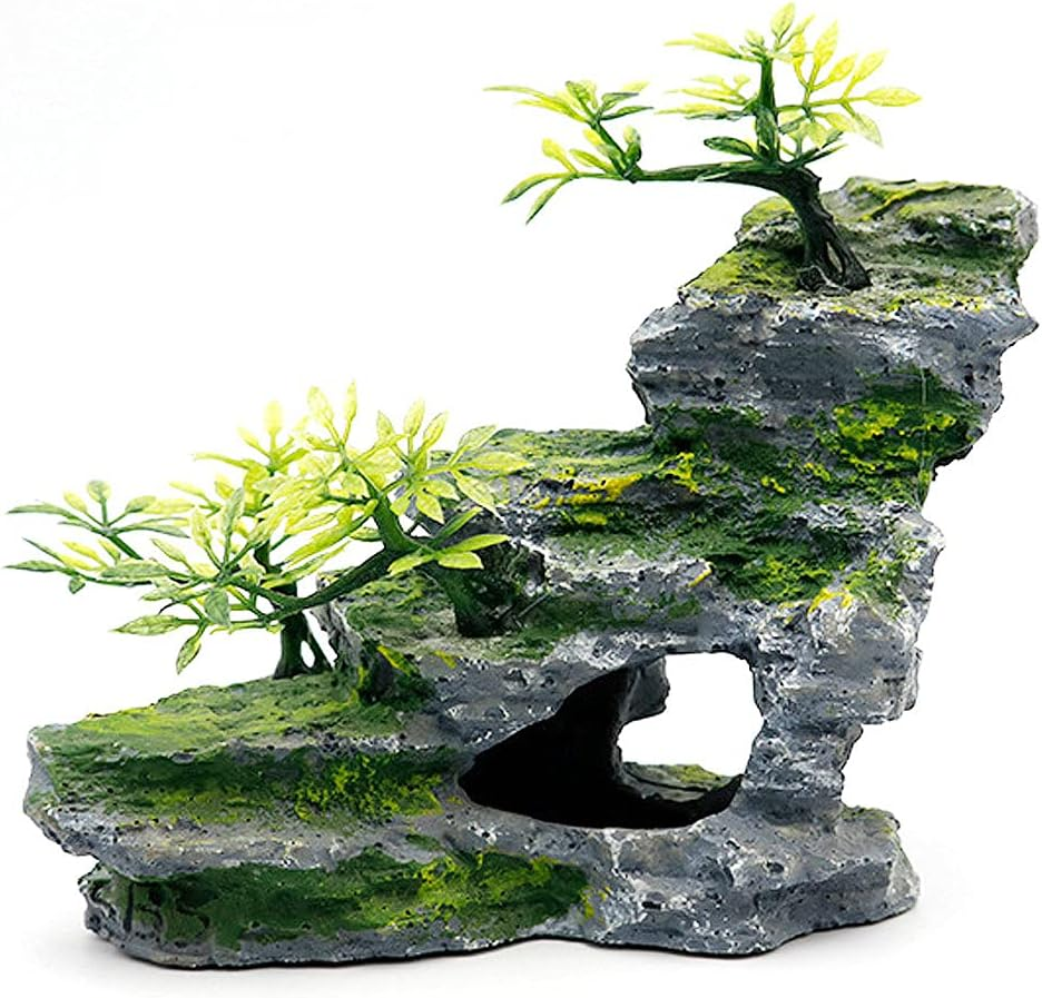 Ibwell Aquarium Ornament Rock Cave Landscape Artificial Mountain View Stone with Moss Tree Fish Tank Decoration (#Hill A)