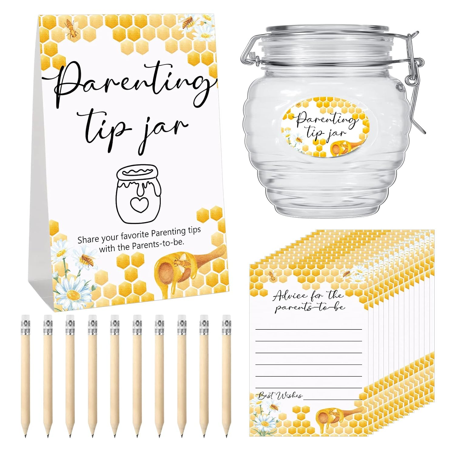 Roowest Baby Shower to Baby Advice Cards for New Parents to Be - Tip Jar Sign for New Parents 60 Parenting Advice Cards 10 HB Pencils 2 Cute Stickers 1 Pet Bottle for Guests Games(Honey) image number 2