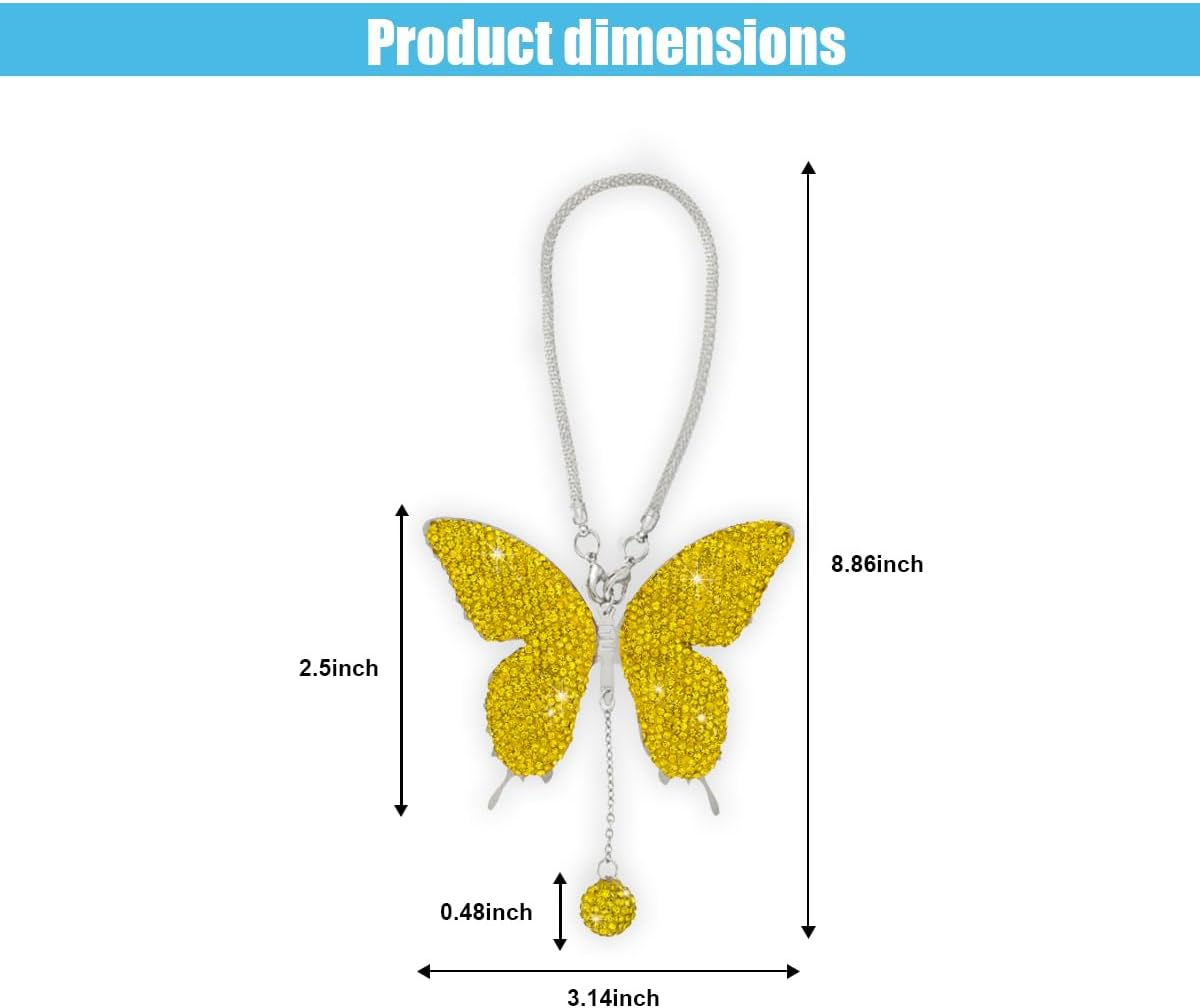 Bling Butterfly Diamond Car Hanging Accessories, Crystal Butterfly Rear View Mirror Luck Car Decoration Accessories for Women, Valentine'S Day Presents Ornament Pendant for All Cars (Lemon Yellow) image number 4