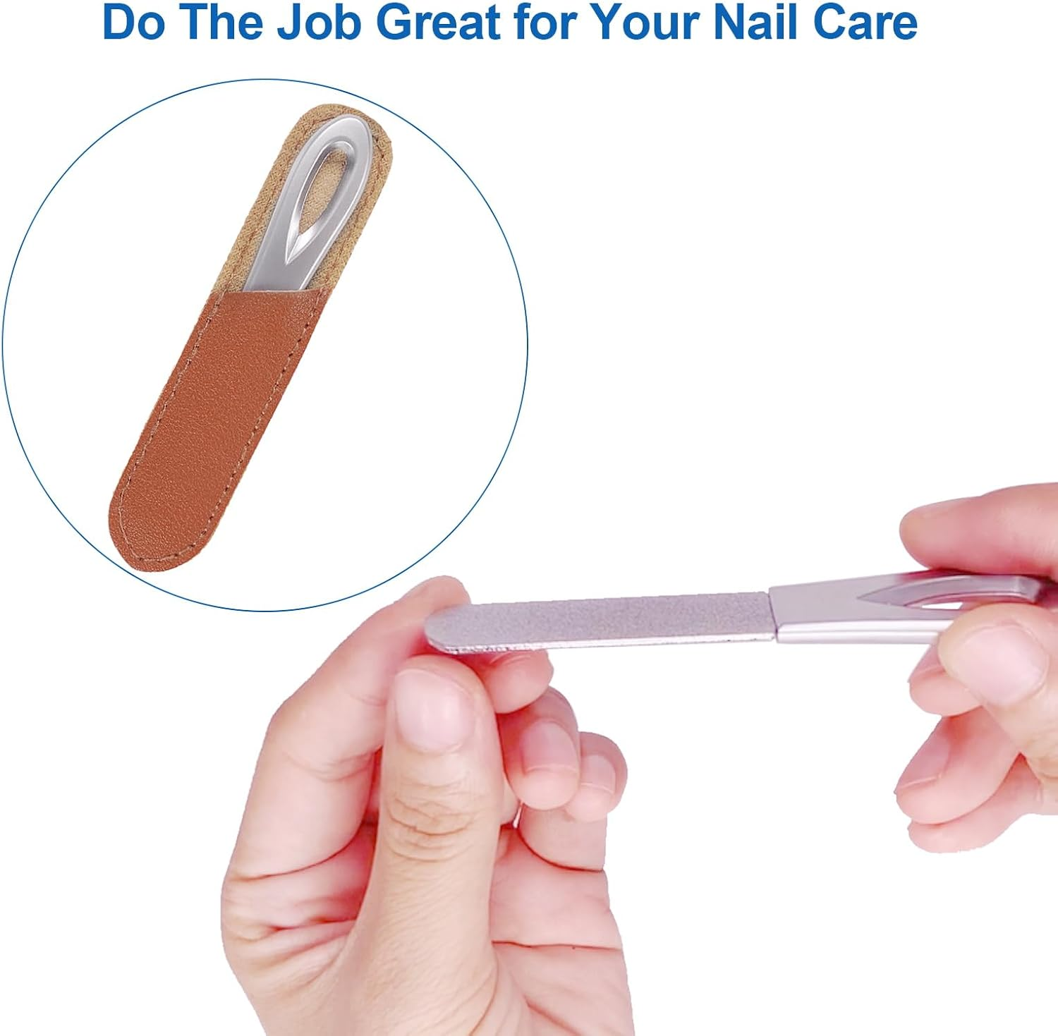 Metal Nail File with Case, 2 Pack Nail Files for Natural Nails, Fingernail Files Diamond round Tip Stainless Steel Double Sided Fine Grit Sapphire Filer with Sheath Leather Cases Travel Silver Brown image number 2