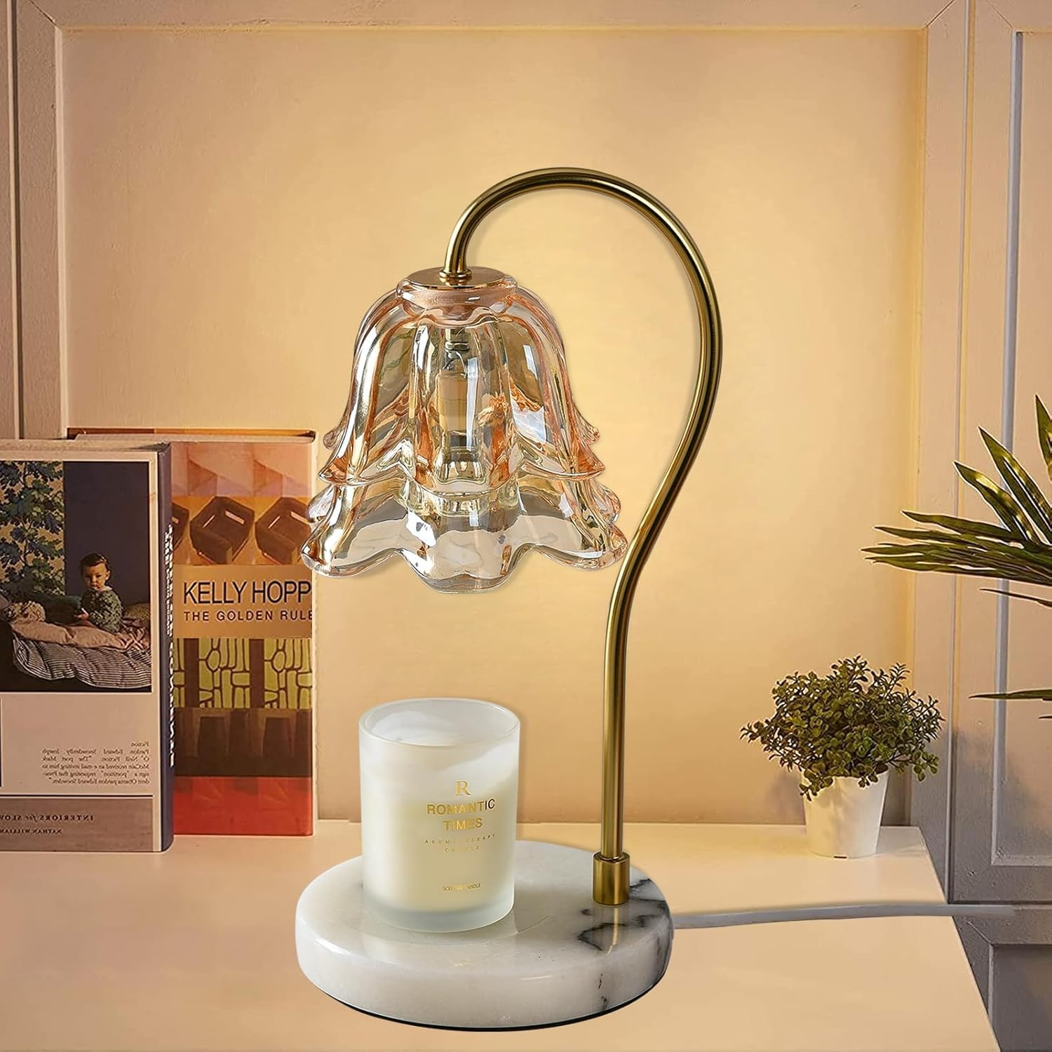 XICEN Glass Candle Warmer Lamp with Timer, Flower Candle Warmer, Retro Marble Base (Camellia) image number 3