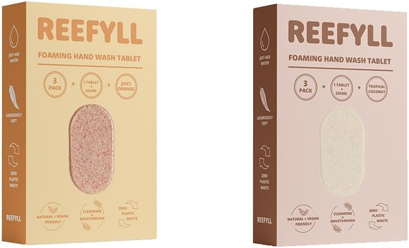 Reefyll Foaming Hand Soap 6 Refill Tablets, Dissolvable Plastic Free Hand Wash Pods, Just Add Water to Transform to Velvety Foam, 3 Tropical Coconut and 3 Juicy Orange Bundle