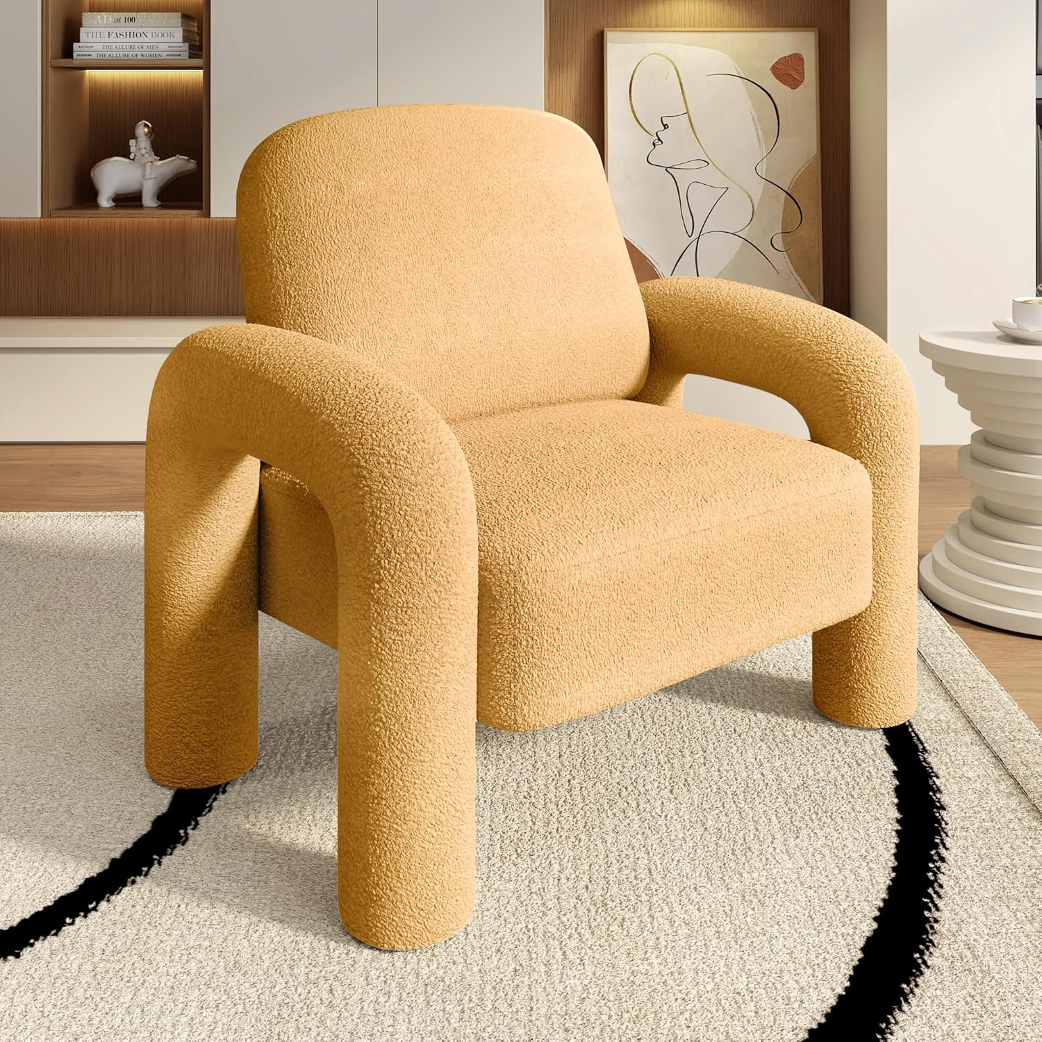 Modern Sherpa Accent Chair, Teddy Upholstered Arm Single Sofa, Cozy Fluffy Reading Chair for Living Room, Bedrooms, Corner (Yellow) - Orange image number 2