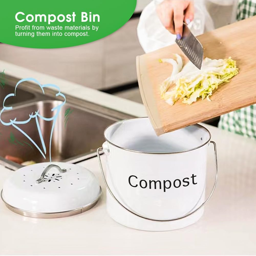 Living Today Kitchen Compost Bin,3.5L Indoor Countertop Scraps Caddy, Metal Odorless Food Waste Compost Bucket Trash Keeper Container with Carbon Filter,Lid,Handle (3.5L Compost Bin)