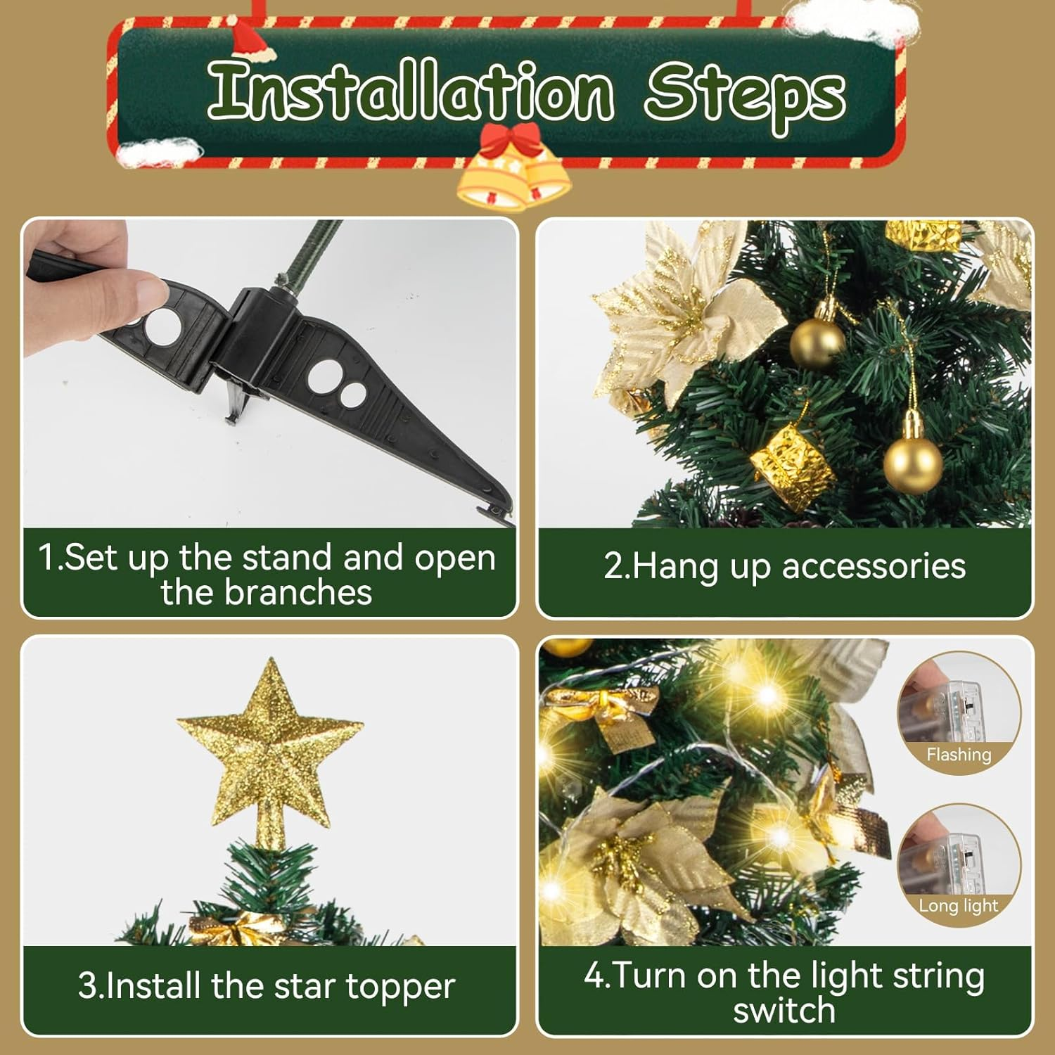 Ninonly 60CM Mini Christmas Tree with 20 LED Lights, Artificial Small Tabletop Flocked Christmas Tree with Star Tree Topper, Flower, Gift Box, Ball, Xmas Tree Decorations for Christmas Decor image number 5