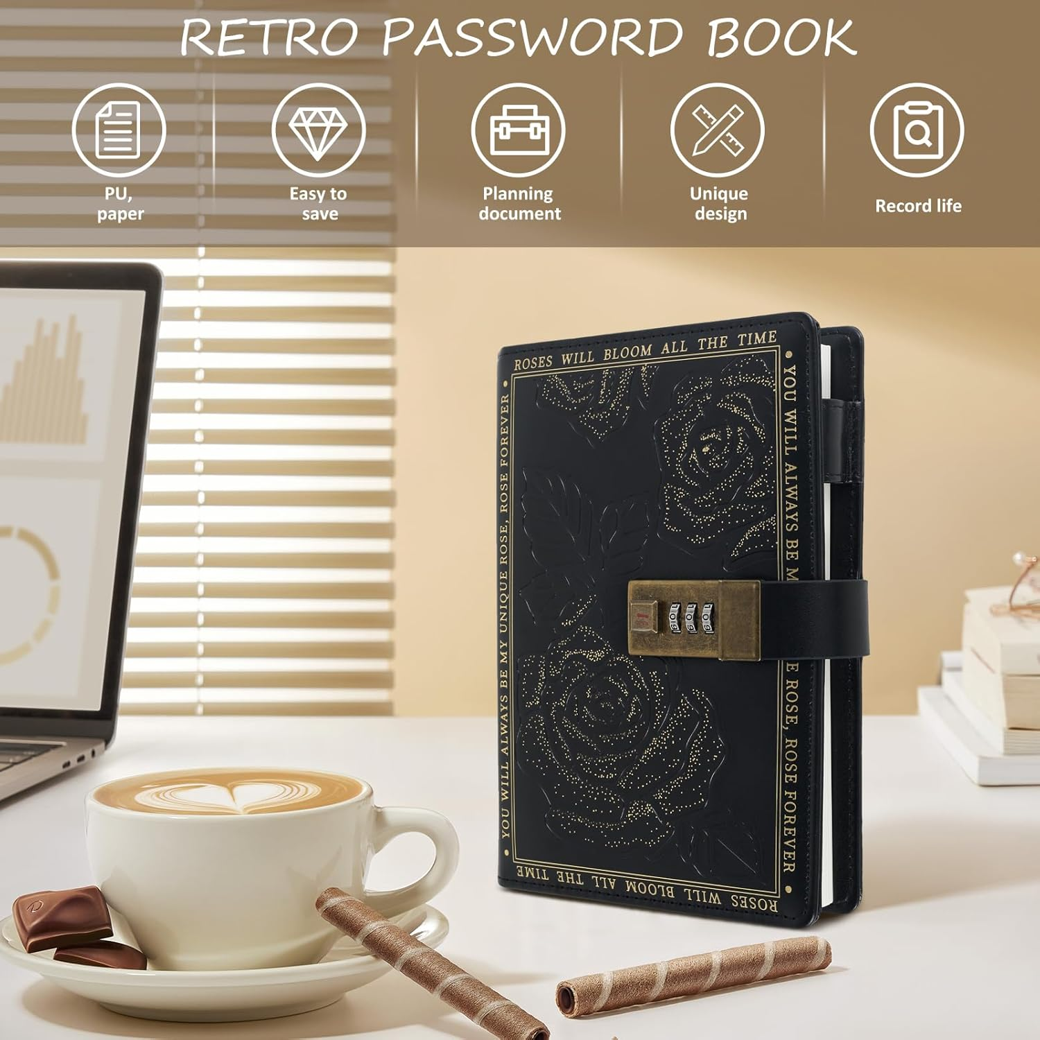 UKQRRTC PU Leather Cover Lockable Journal, Travel Journal, Vintage Locking Notebook, 224 Pages Thick Personal Locking Diary with Combination Passwords for Student Office Staff (Black) image number 4