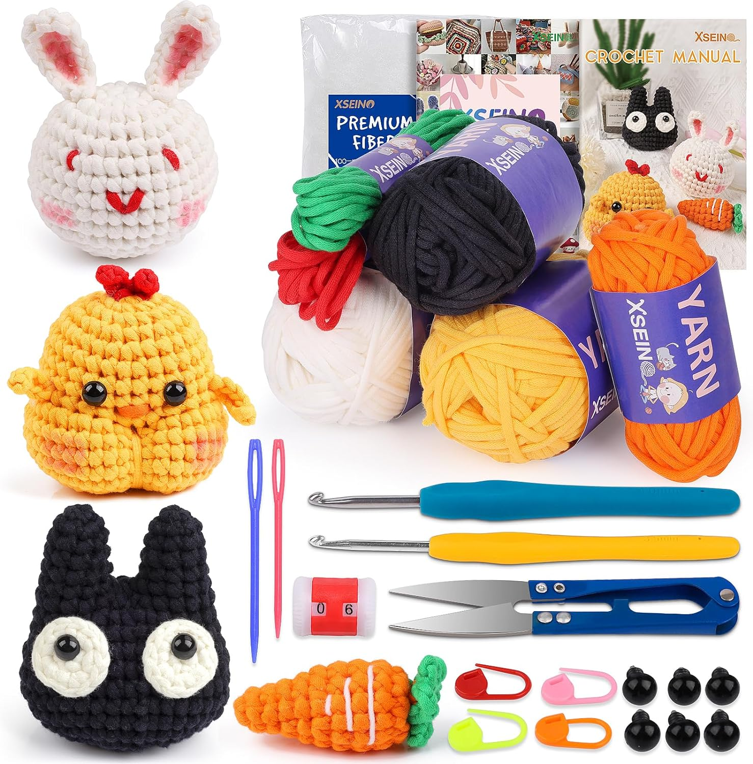 XSEINO Crochet Kit for Beginners,Crochet Start Kit with Step-By-Step Video Tutorials,Learn to Crochet Kit for Adults and Kids - Cat,Chick,Rabbit,Carrot