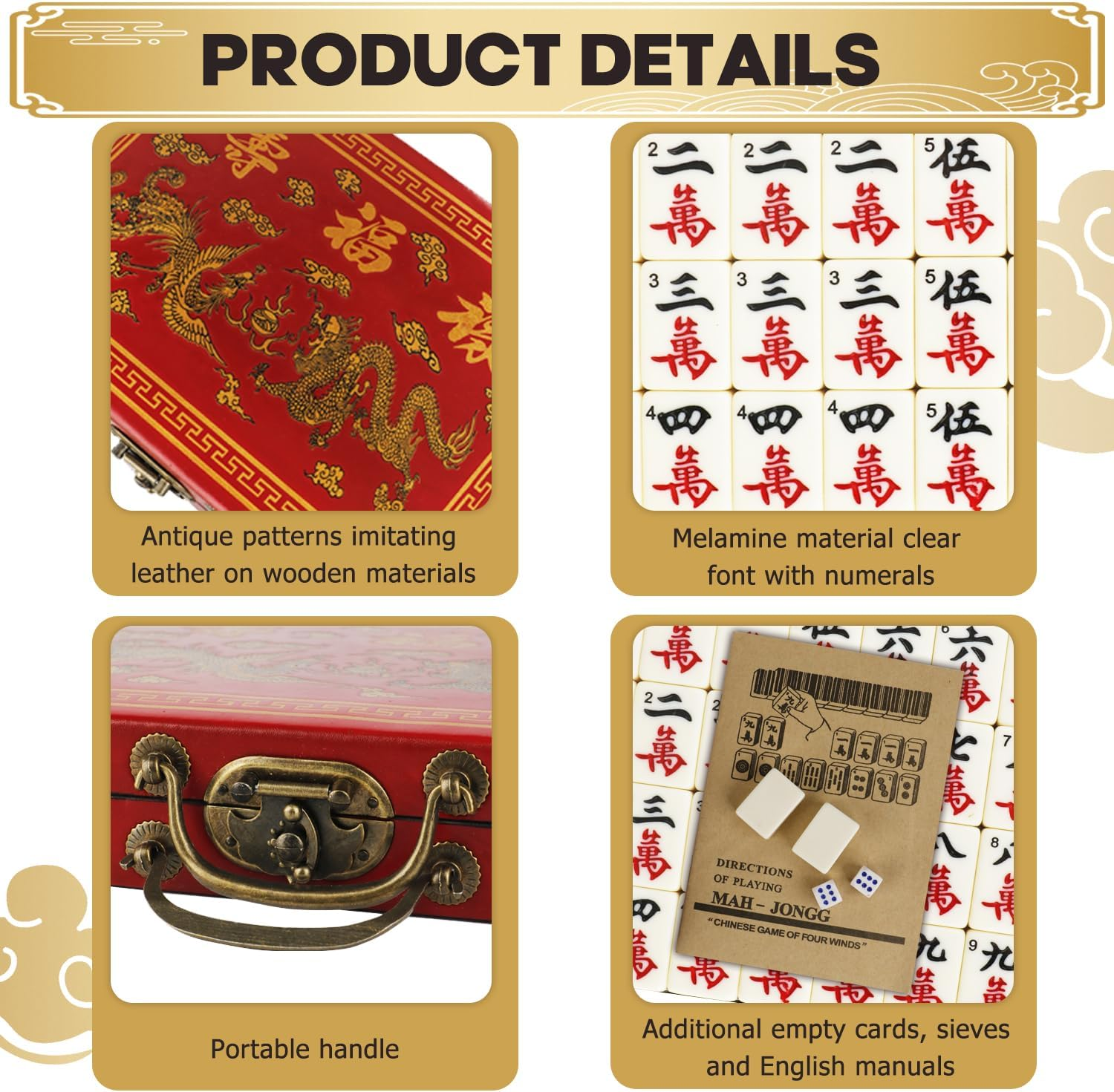 Necomi Classical Mahjong Game Set, Chinese Classical Mahjong with Arabic Numerals, 144 Tiles Vintage Elegant Wooden Box, Suitable for Parties, Traveling（Small Size） image number 3