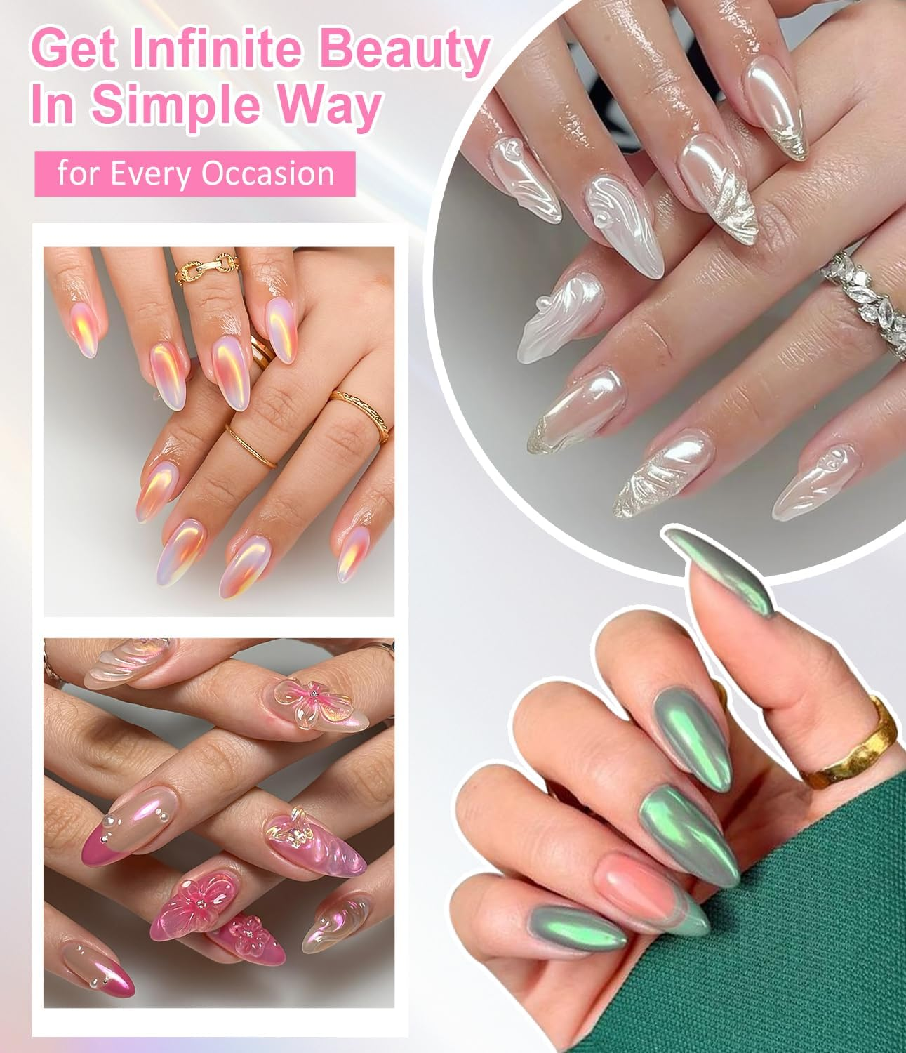 Pearl Chrome Nail Powder - LEDSUUEI Fairy Effect Chrome Nail Powder, White Chrome Powder Aurora Pigment Nail Powder Metallic Mirror Effect Nail Chrome Powder Crome Powder Nails DIY Salon image number 5