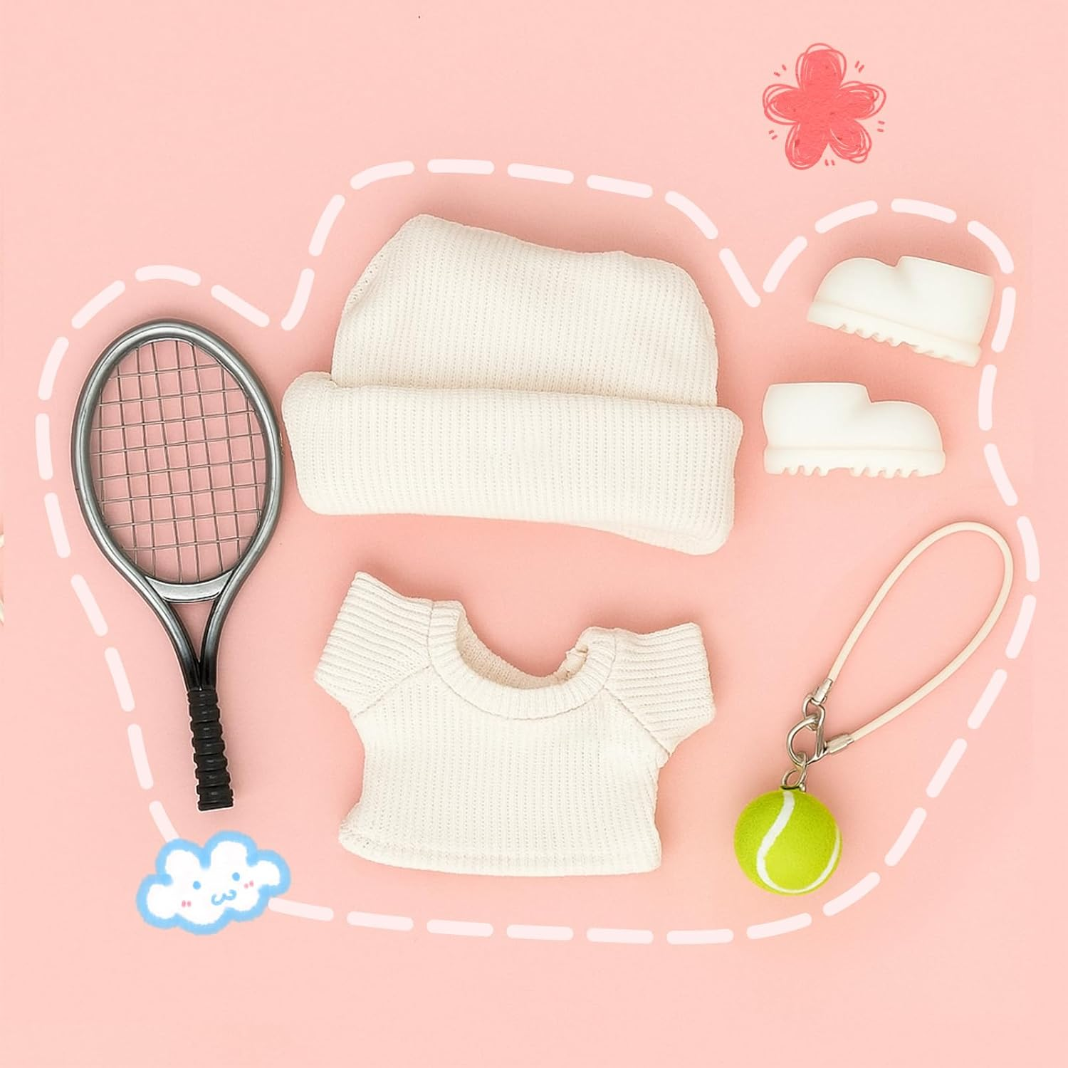 17 Cm Doll Clothes，Clothing Accessories Compatible with 5.91-6.7 Inch Dolls，Sports Style Doll Set Outfits (5-Piece Set), Includes Top + Pants + Tennis Racket + Ball Charm + Shoes (White) image number 6