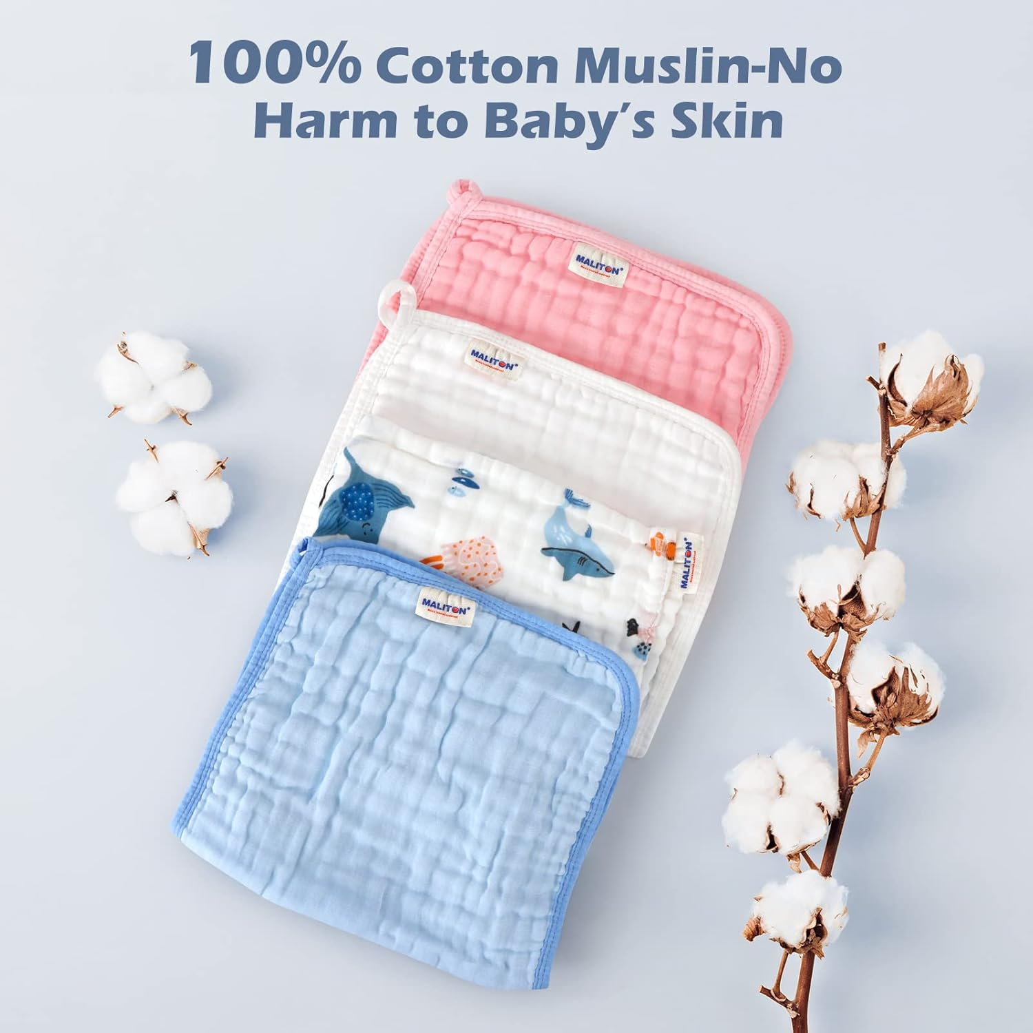 Maliton Muslin Cloths for Baby Boys& Girls, 6Pk 50X25Cm Burp Cloths, 100% Cotton Absorbent& Soft& Breathable 6 Layers Muslin Cloths Baby for Essentials for Newborn(Blue, 6+1 Pack) - Pink image number 3