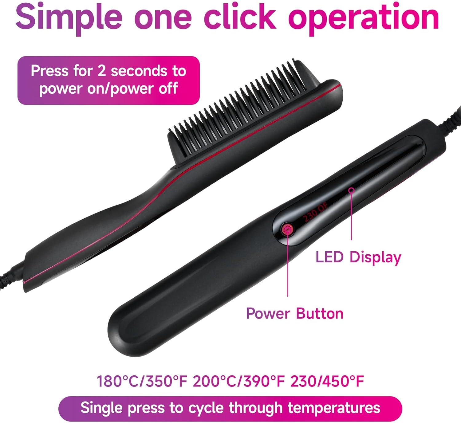 Anion Hair Straightener Brush Hair Iron with Built-In Comb 1 Minute Heating to 180&deg;C 180&deg;C/200&deg;C/230&deg;C3 Constant Temperature Mode Anti-Burn Design (Pink) - Black image number 1