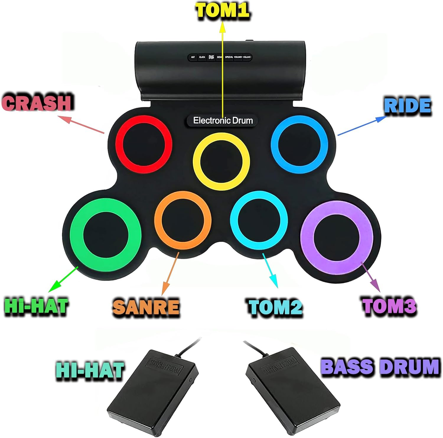 Electronic Drum Set, 7 Practice Drum Pads,Roll-Up Rechargeable Drum Set with Pedals,Sticks,Built-In Speaker/Headphone Jack, Rainbow Color image number 4