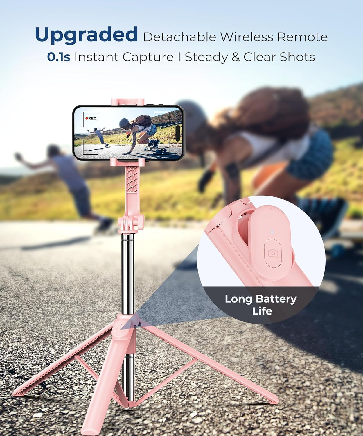 Fuloview 67&rdquo; Phone Tripod & Selfie Stick，Cell Phone Tripod with Wireless Remote,Extendable & Travel Tripod,For Photograph,Live Streaming,Compatible with Iphone/Android (Pink) image number 2