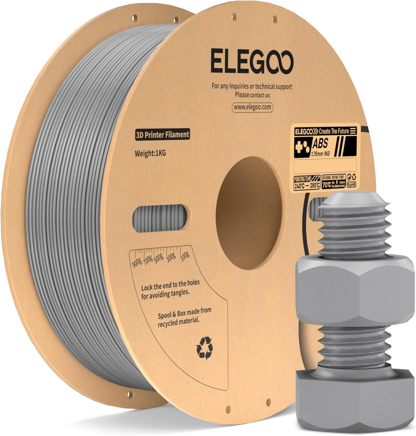 ELEGOO ABS Filament 1.75Mm Gray 1KG, Heat Resistant 3D Printer Filament High Toughness & Impact Resistance, 1Kg Spooll(2.2Lbs) for Most FDM Printer
