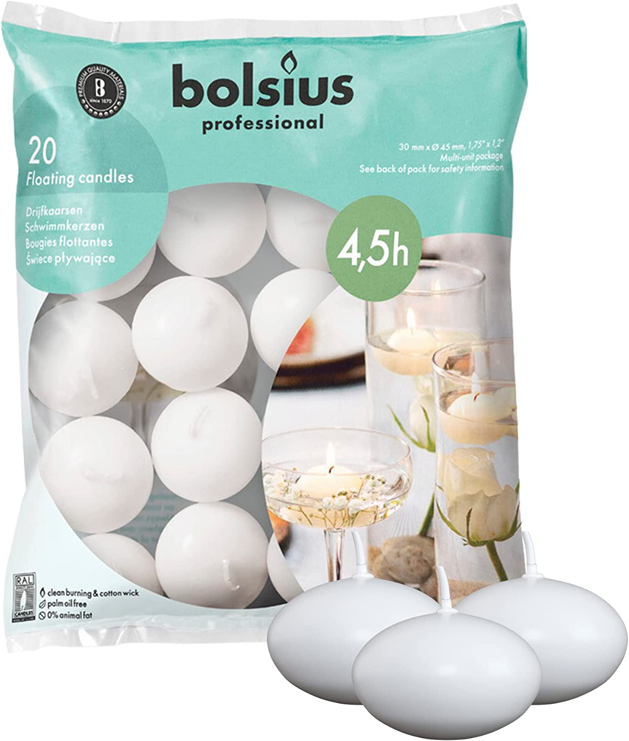 Bolsius Floating Candle-White, Wax, 4.5Cm W X 3Cm H