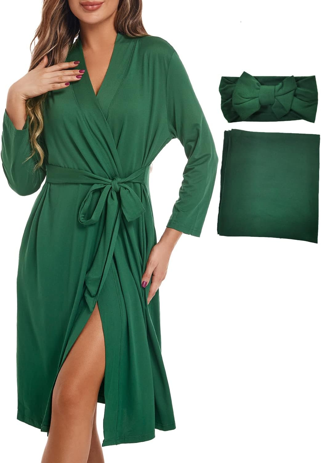 SUFEINI Maternity Robe with Matching Swaddle Blanket Set, Maternity Mommy Bathrobe Postpartum Robe Labor Gown