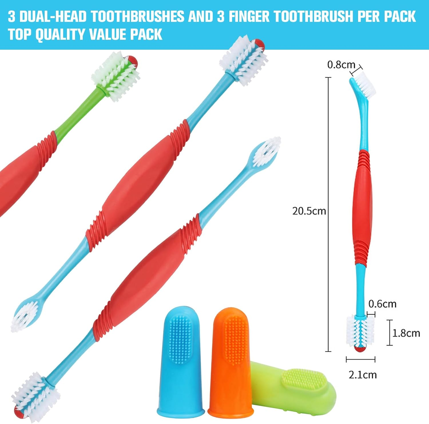 Dog Toothbrush for Small Medium to Large Dogs and Cats, Soft-Bristled Dog Tooth Brushing Kit - 3 Pcs Dual Head Premium Non-Slip Handle with 3 Cleaning Finger Brush for Dogs Cats Teeth