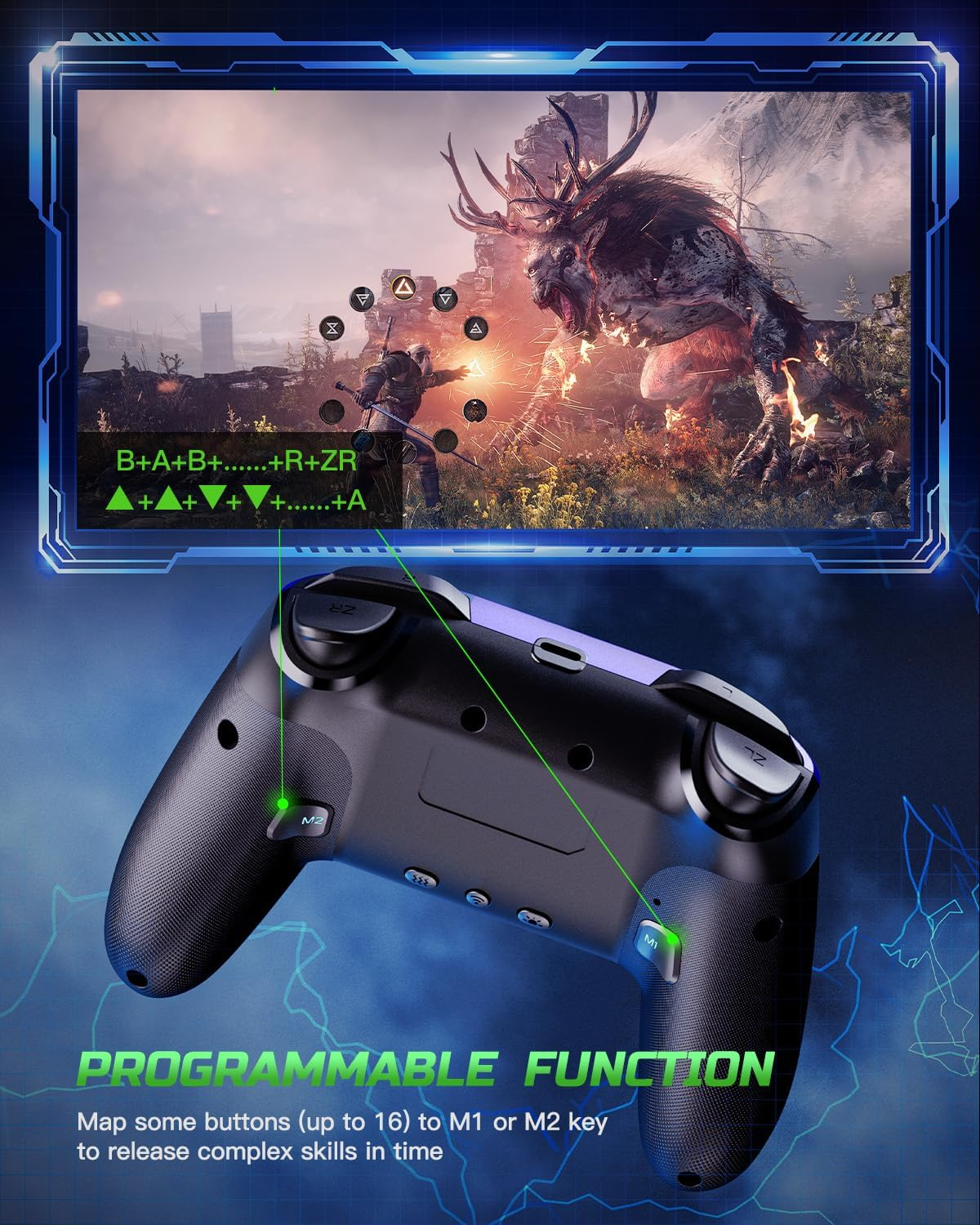 VOYEE Switch Controller Compatible with Switch/Lite/Oled/Pc/Windows, 1000 Mah Ergonomic Wireless Pro Controller with Lightning LED Programmable Wake-Up Vibration image number 6