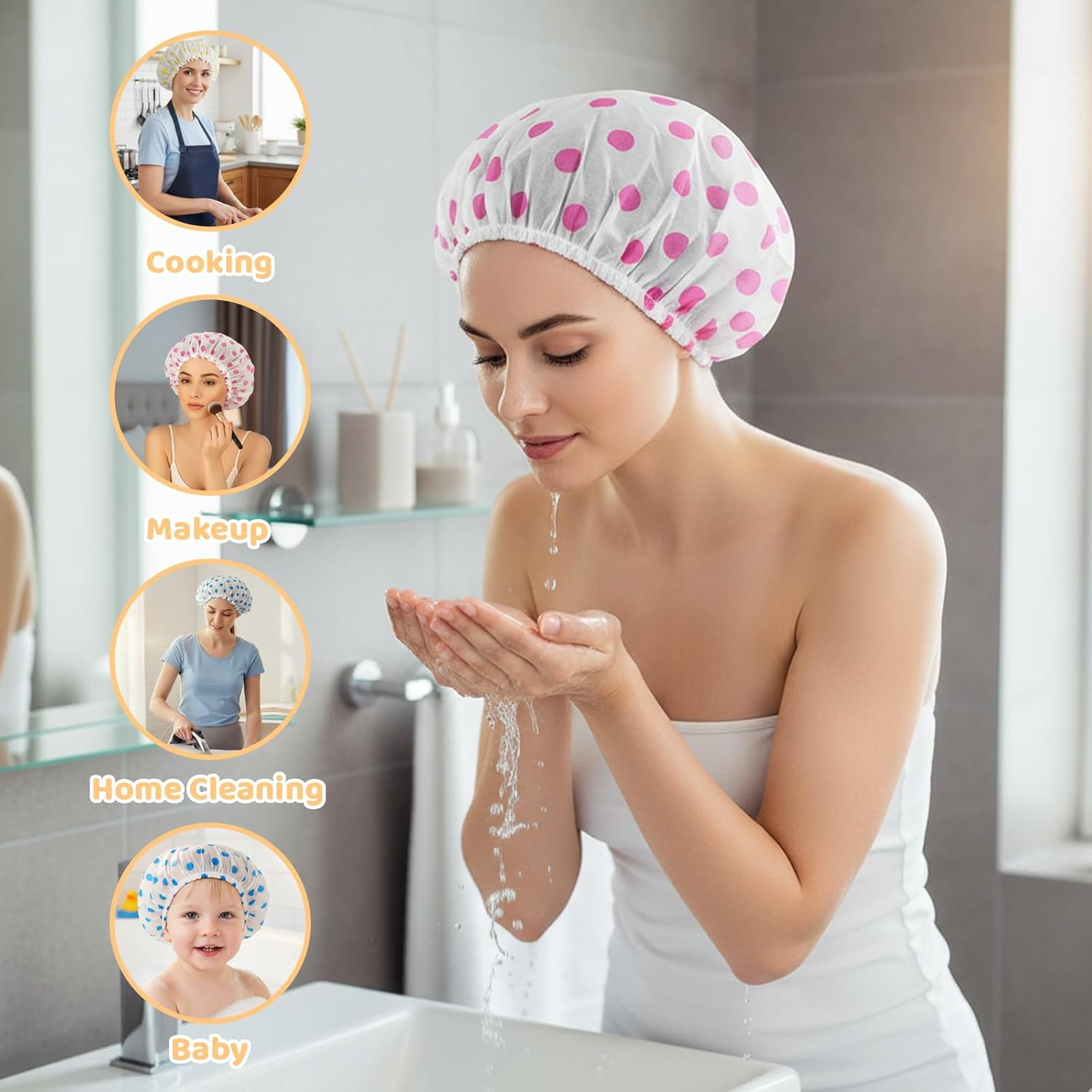 6 Pack Shower Cap,Waterproof Reusable Shower Caps for Women and Men, Large Shower Cap Hair Bonnet for Bathing, Swimming, Hair Care