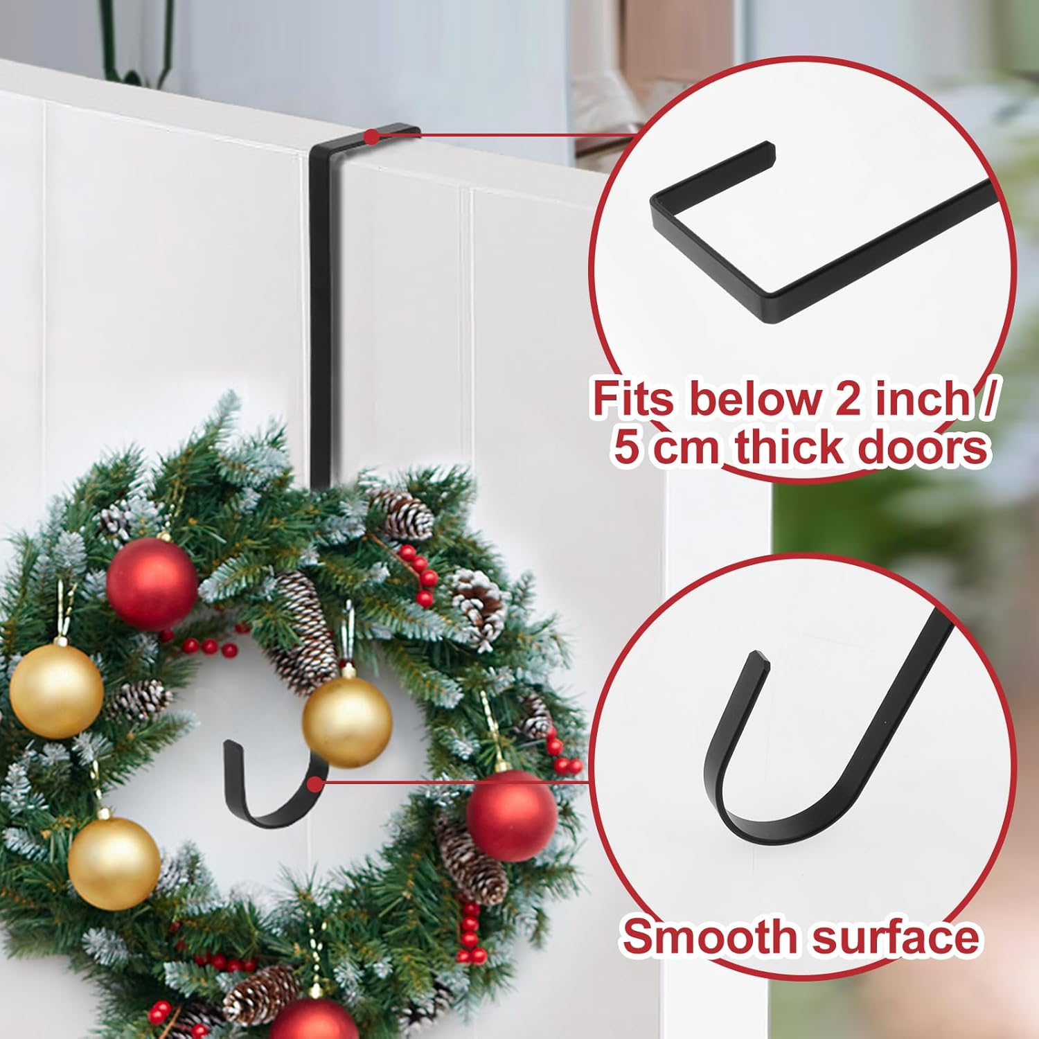 30 Cm Wreath Hanger for Front Door Black Wreath Hangers over the Door Hanger Hook Wreaths Holder Christmas Halloween Easter Wreaths Hook Decorations Indoor Outdoor Narrow - Black image number 4