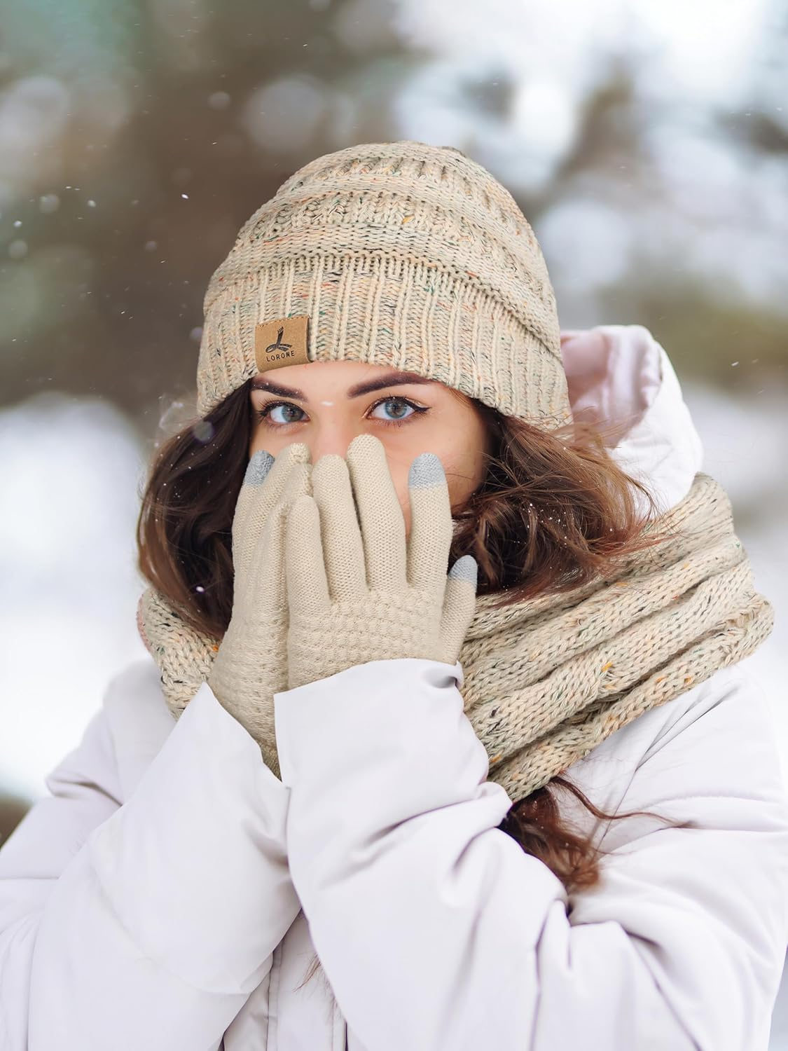 Winter Beanie Hat Scarf Gloves, Warm Fleece Knit Winter Hats Touch Screen Gloves Neck Scarf Set Winter Gifts for Unisex Adult image number 5