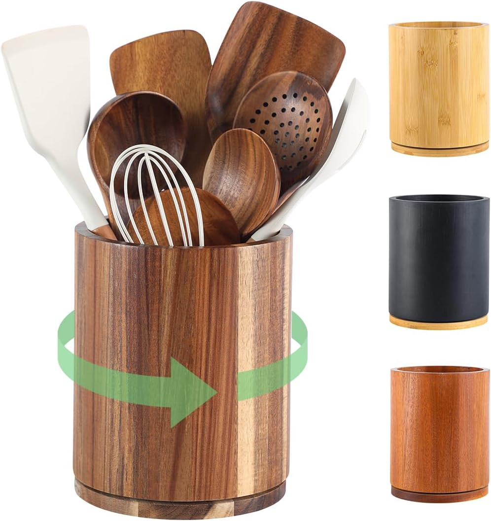 Wooden Utensil Holder, 360&deg;Rotating 7.3'' Large Kitchen Utensil Holder for Kitchen Counter, Kitchen Utensil Organizer, Utensil Crock, Farmhouse Kitchen Countertop Decor, Black Color