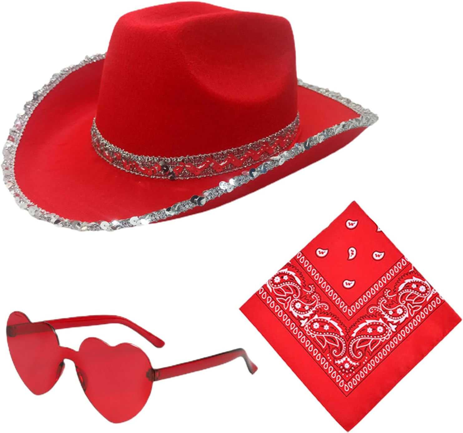 Cowgirl Hats Women - Bling Jazz Hat with Glasses Headscarf, Cowgirl Hats Pack, Costume Dress up Party Supplies for Festival Party