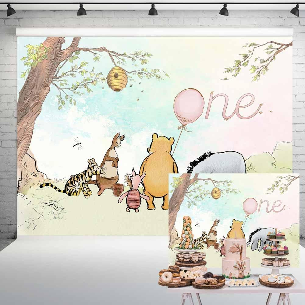 Vintage Pooh Bear Backdrop 1St Birthday Girl Watercolor Tree Pastel Sky Pink Balloon One Year Old Birthday Decorations Background Classic Pooh Cake Table Banner 5X3 Ft 146 image number 1