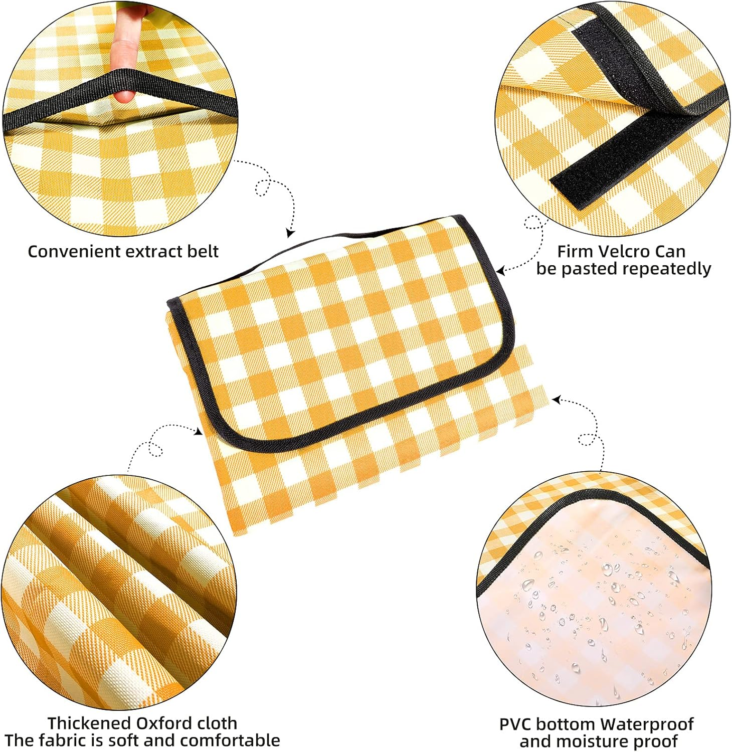 Picnic Blanket Waterproof Beach Rug Picnic Mat Washable Lightweight with Handle Yellow Checkered for Hiking Travelling Outdoor Camping,Parks,200Cm * 200Cm image number 4